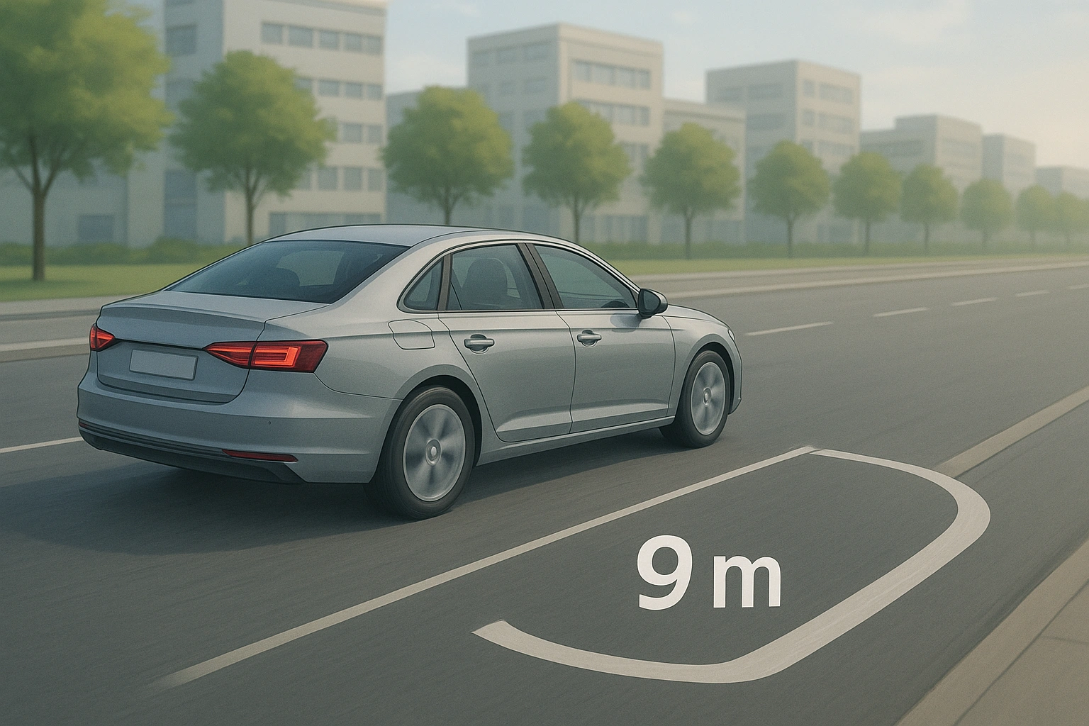 Grauer PKW fährt auf städtischer Straße, mit markiertem 9-Meter-Bremsweg vor dem Fahrzeug.