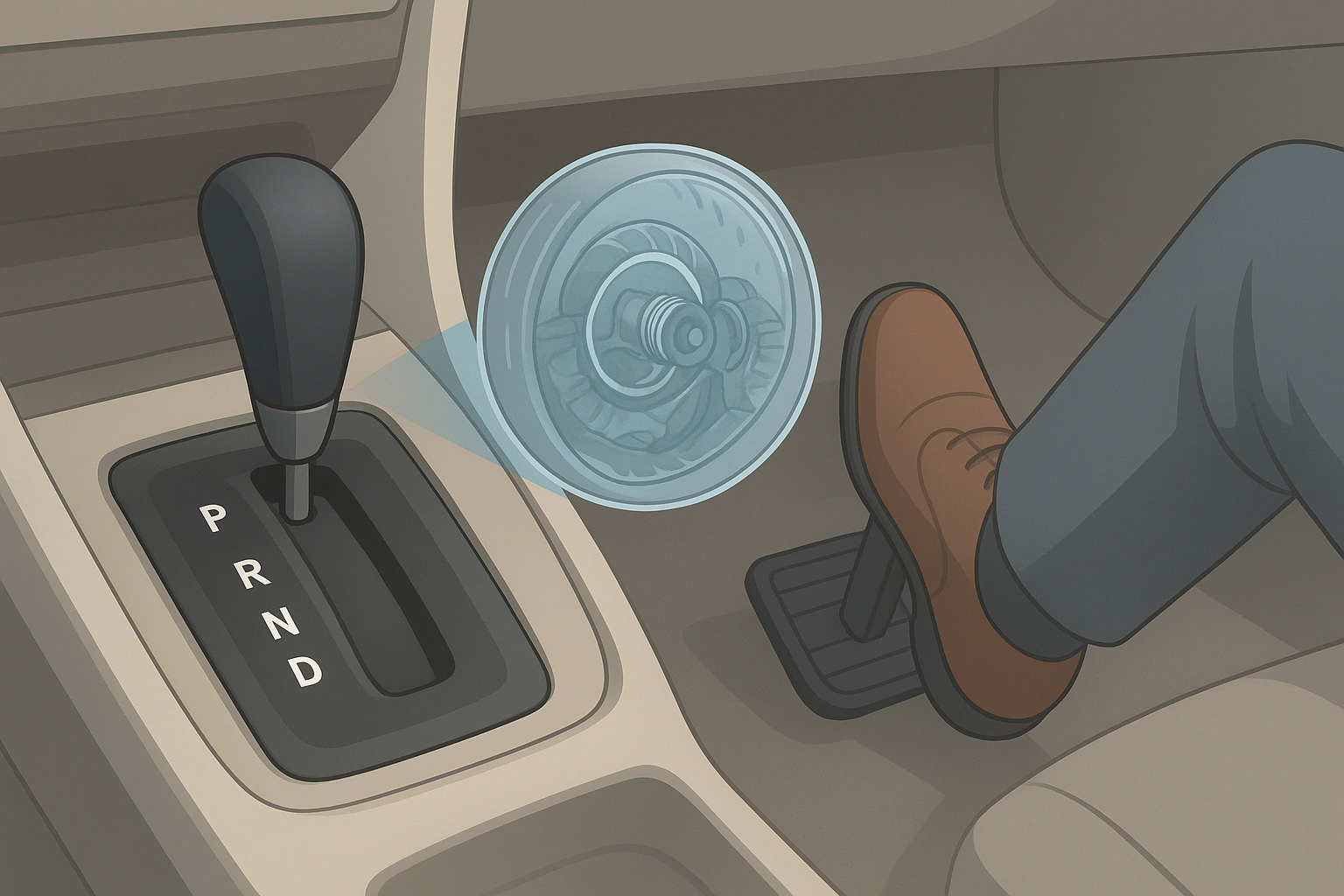 Innenraum eines Autos mit Wählhebel auf D, Fuß auf der Bremse und transparenter Wandlergrafik.