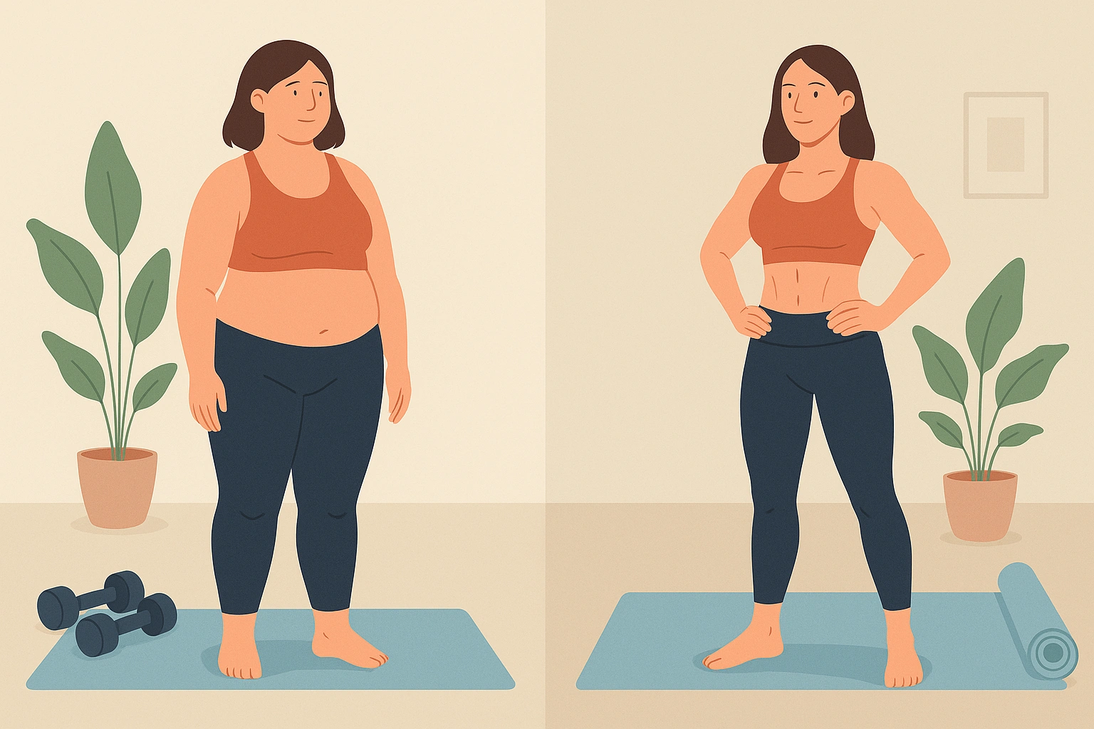 Illustration einer Frau im Vorher-Nachher-Vergleich nach 12 Wochen Fitness mit Matte und Hanteln