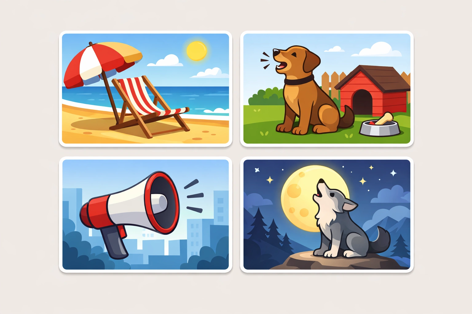 Vier illustrierte Bildkarten mit verschiedenen Alltagsszenen, die ein gemeinsames Rätselthema andeuten.