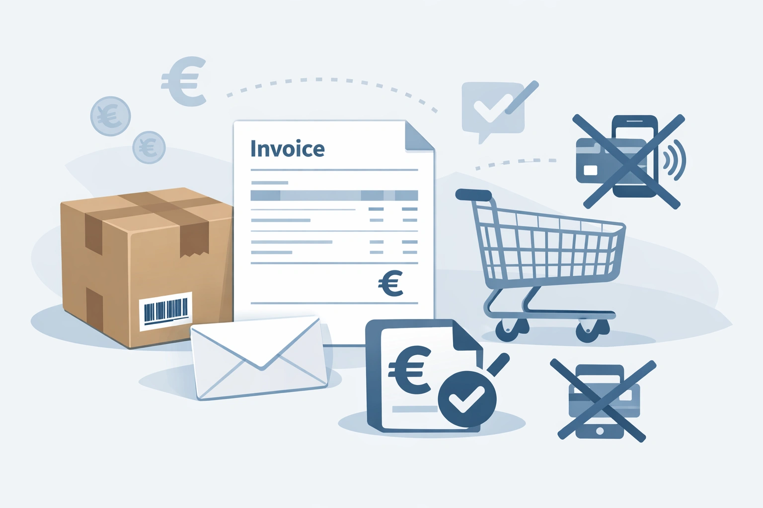 Illustration von Versandhandel mit Paket, Rechnung und Einkaufswagen, Zahlung per Rechnung ohne Drittanbieter.