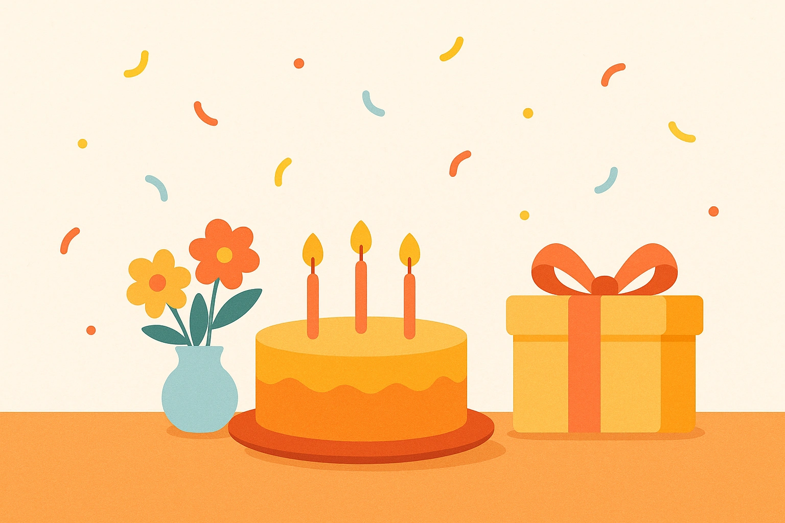 Pastell-Illustration mit Geburtstagskuchen, Kerzen, Geschenk, Blumen und Konfetti auf hellem Grund.