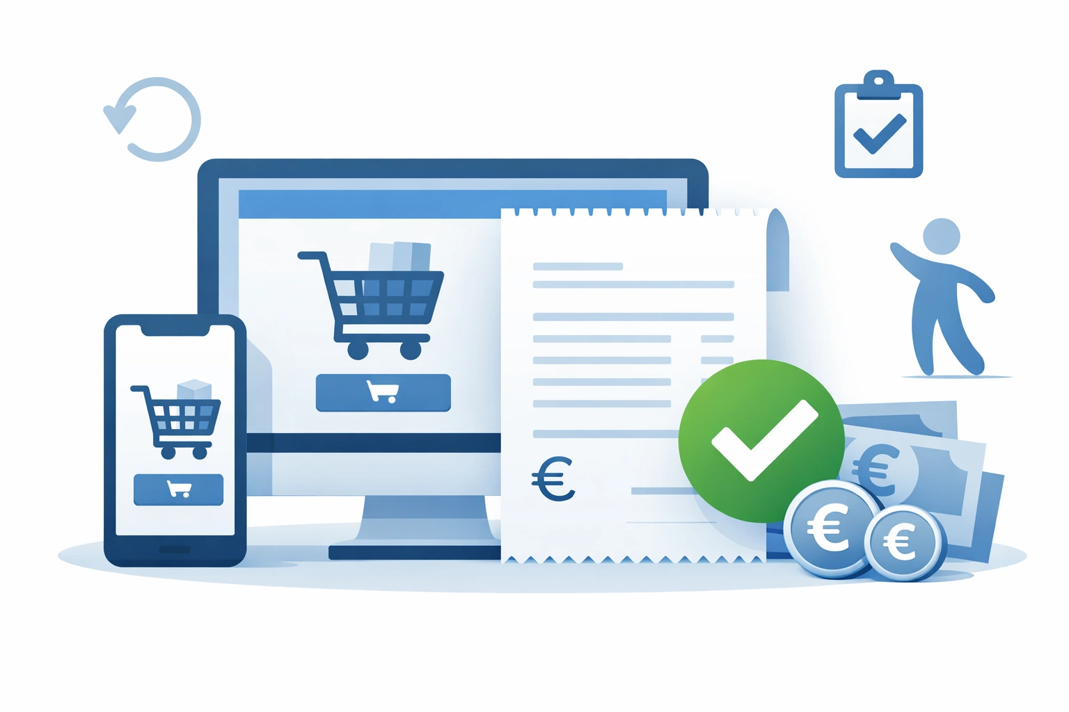 Illustration zeigt Online-Shopping mit Rechnung, Warenkorb, Euro-Symbolen ohne Bonitätsprüfung.