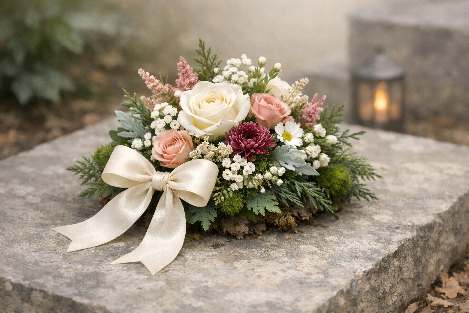 Kleines Blumengesteck mit Schleife auf Steinplatte für Urnengrab in ruhiger, würdevoller Stimmung.