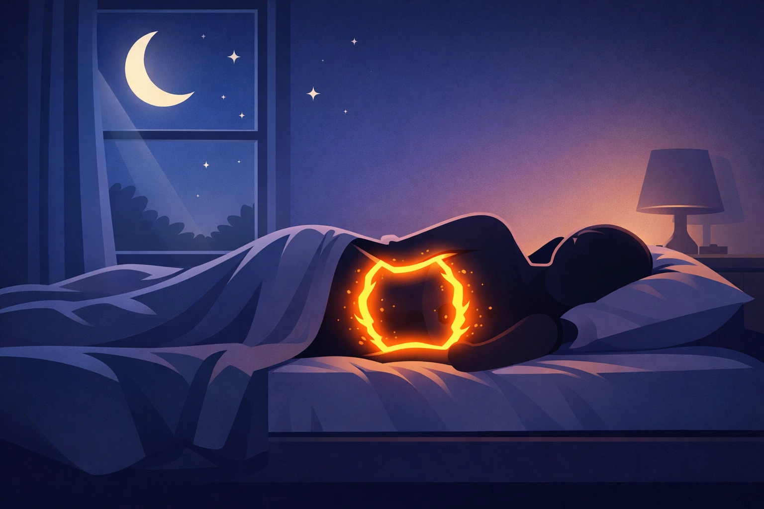 Schlafende Person im nächtlichen Schlafzimmer, Bauchbereich leuchtet sanft als Symbol für Fettverbrennung.