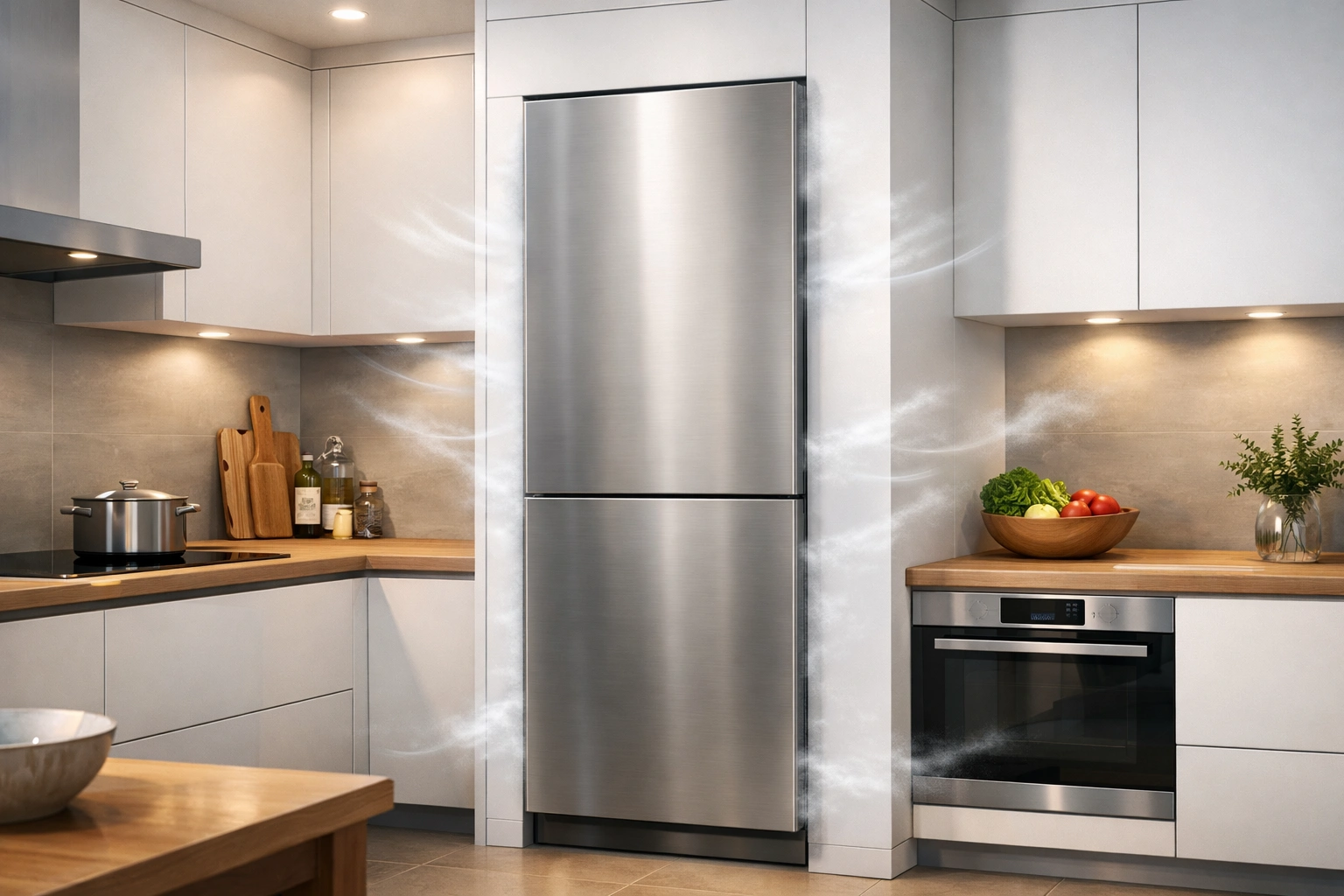 Moderne Einbau-Kühl-Gefrierkombination mit No-Frost-Technologie in heller, minimalistischer Küche integriert.