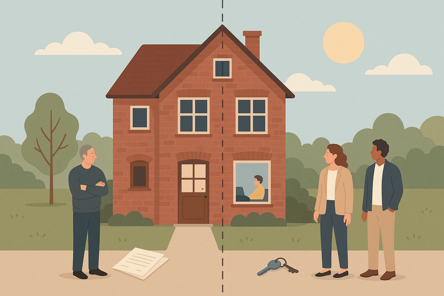 Erben vor einem geteilten deutschen Haus, ein Bewohner innen, subtile Hinweise auf Erbstreit.