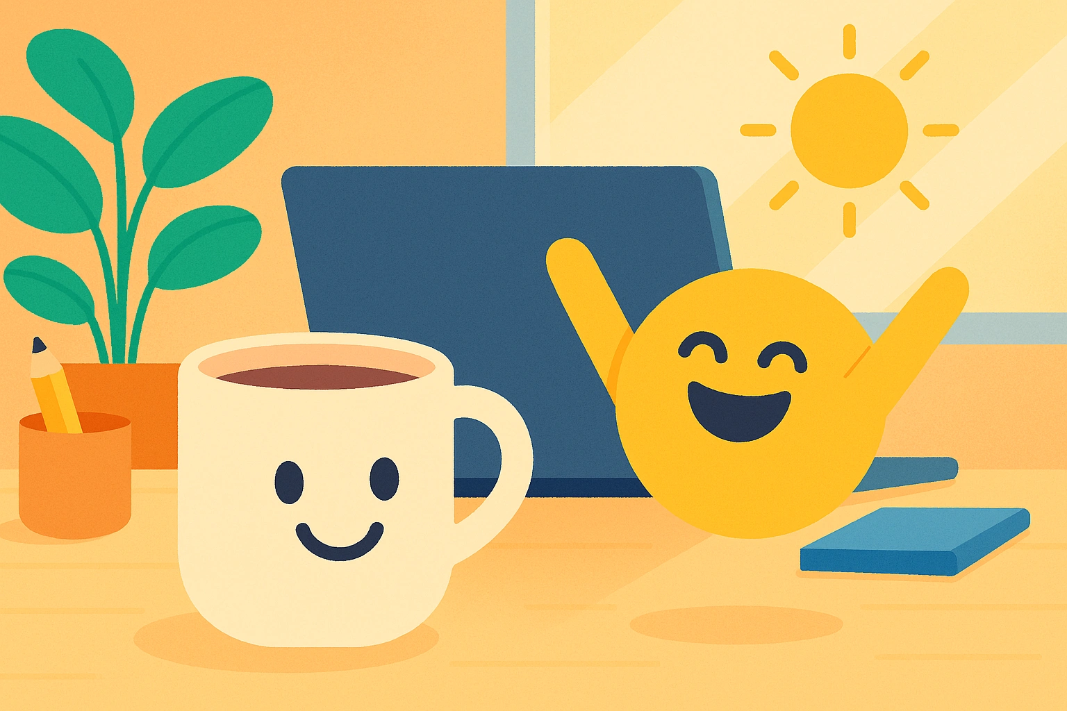 Ein fröhliches Bürobild mit lächelnder Kaffeetasse, jubelndem Emoji, Laptop und warmem Sonnenlicht.