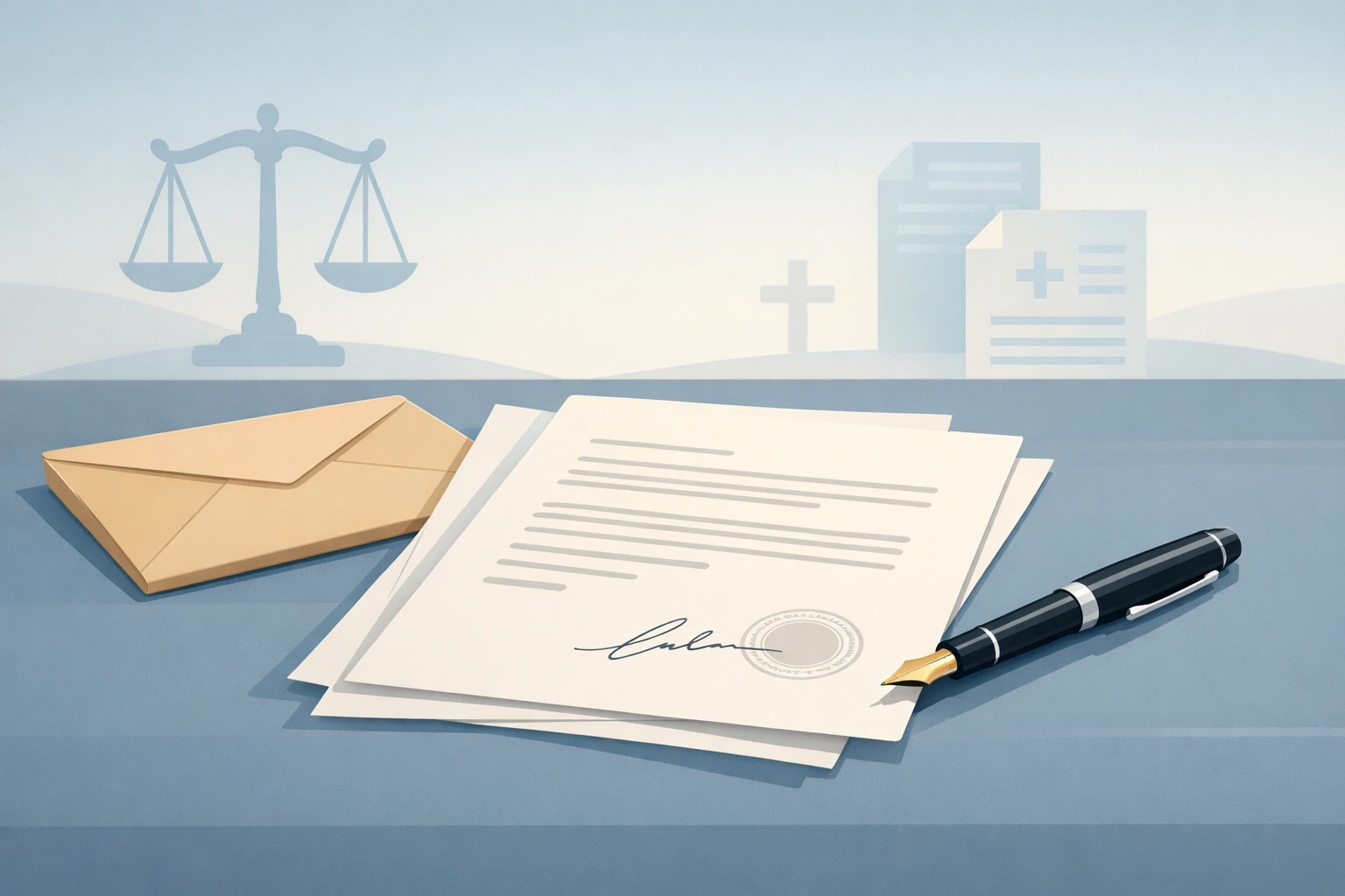 Illustration eines unterschriebenen Dokuments mit Füllfederhalter, Umschlag und Justizsymbolen auf Schreibtisch.