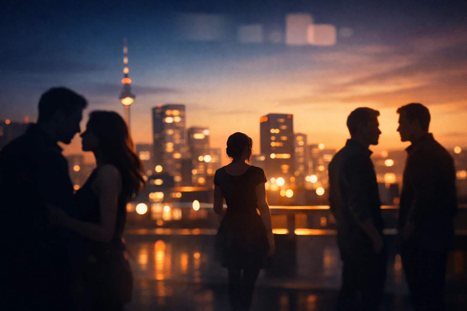 Silhouetten von Menschen vor abendlicher Stadtkulisse mit warmem Licht, die Drama und Beziehungen andeuten
