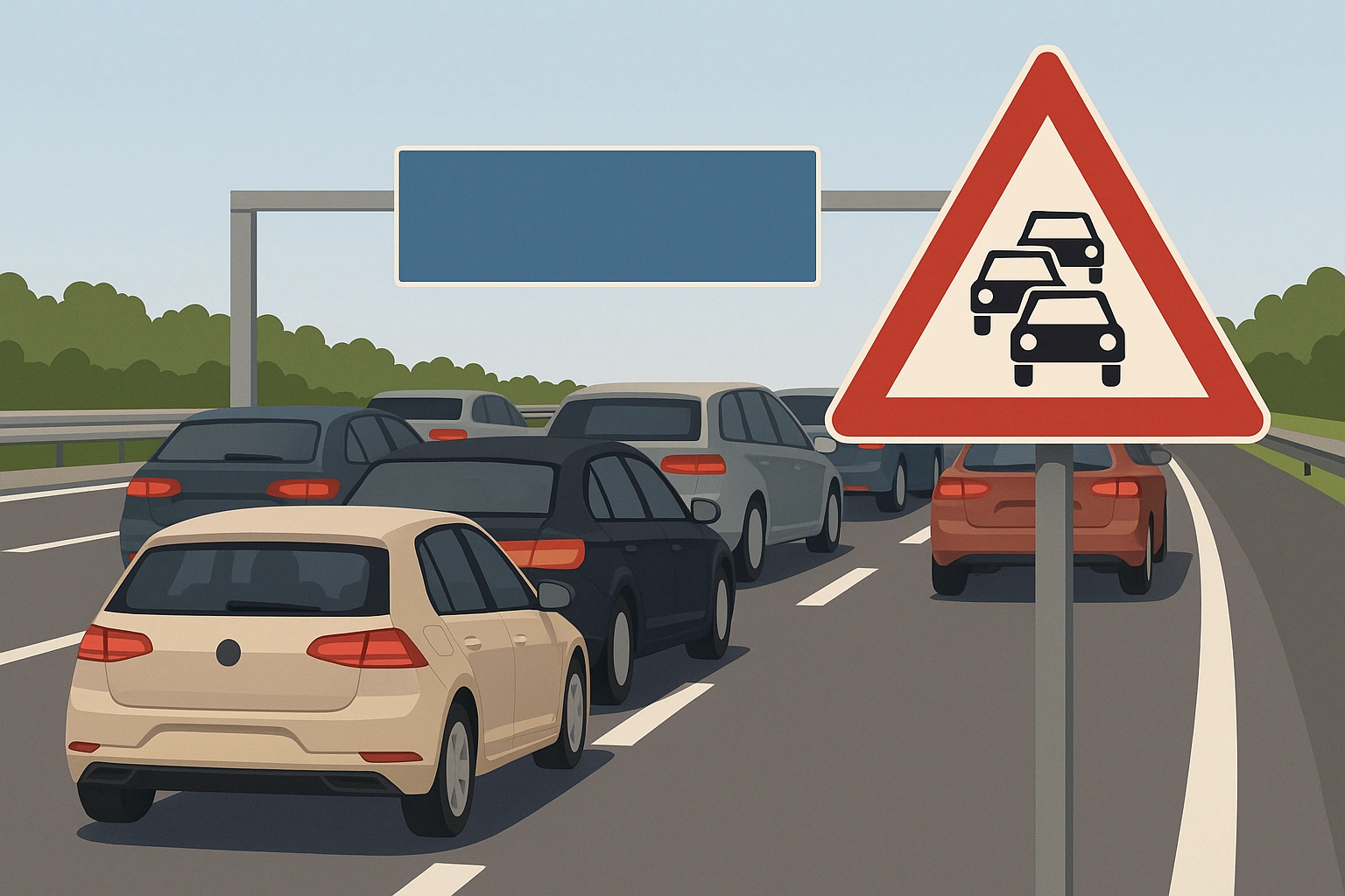 Mehrspurige Autobahn mit dichtem Verkehr, wartende Autos und ein Warnschild weisen auf einen entstehenden Stau hin.