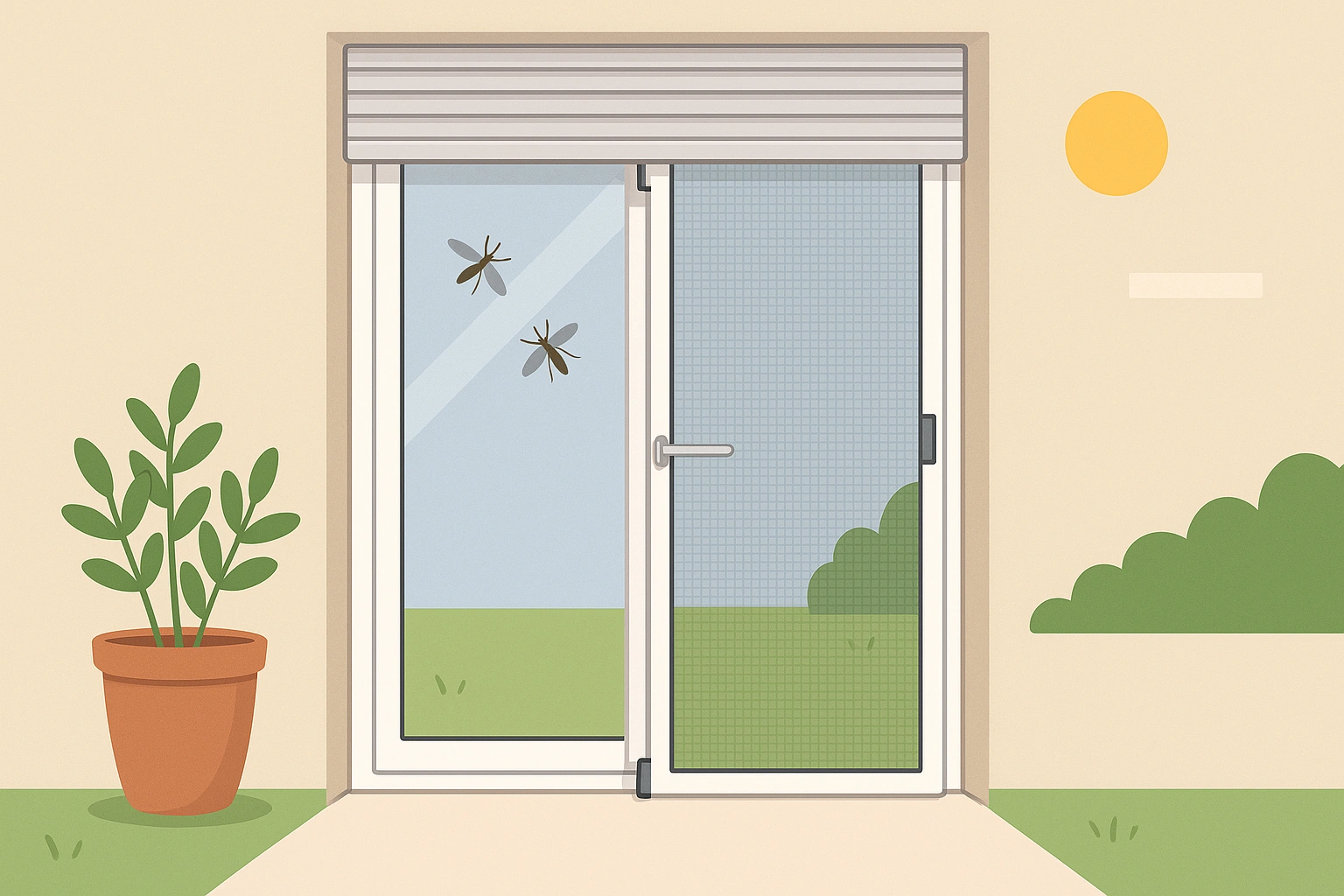 Terrassentür mit Rolladen und transparentem Insektenschutz, der Mücken ohne Bohren draußen hält