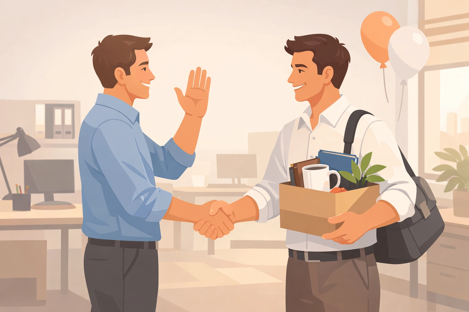 Zwei Kollegen verabschieden sich im Büro, geben sich die Hand, einer trägt eine Kiste mit Büroartikeln.