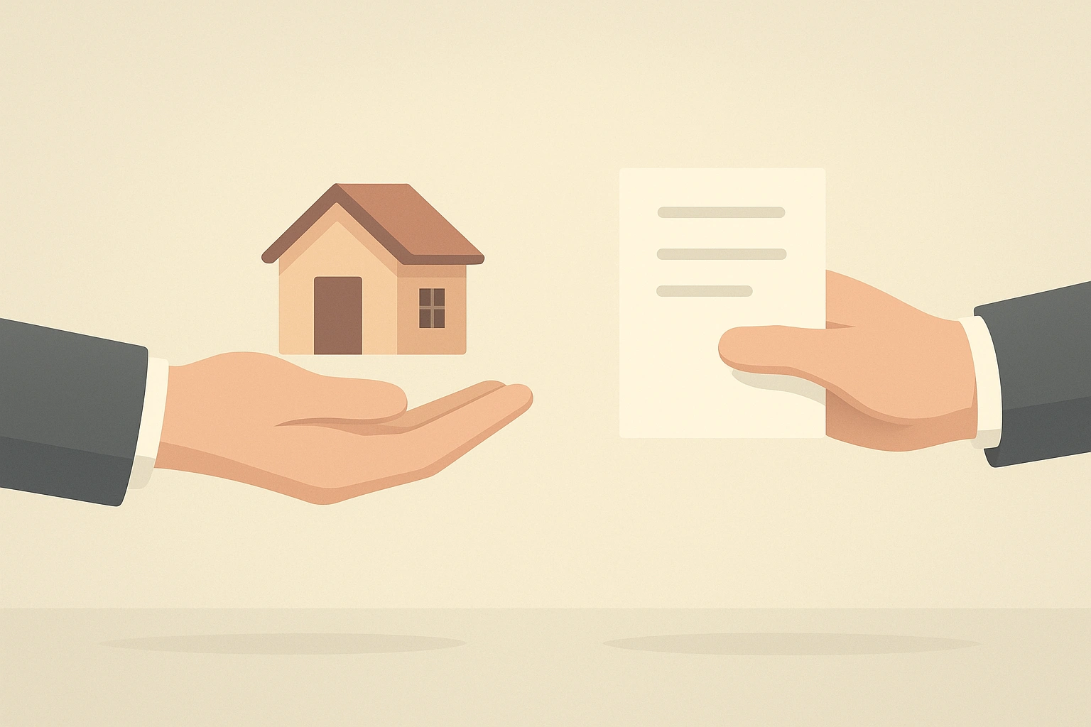 Zwei Hände überreichen sich ein kleines Haus und ein Dokument als Symbol für Schenkung und Erbrecht.