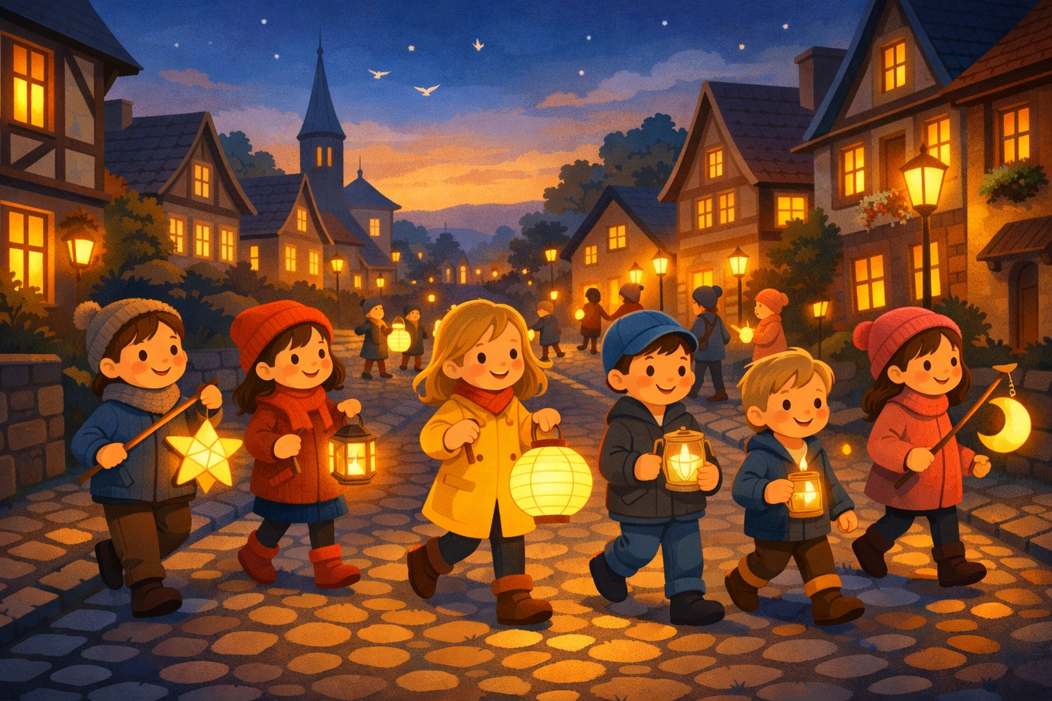 Fröhliche Kinder mit Laternen gehen abends durch eine europäische Straße mit warmem Licht.