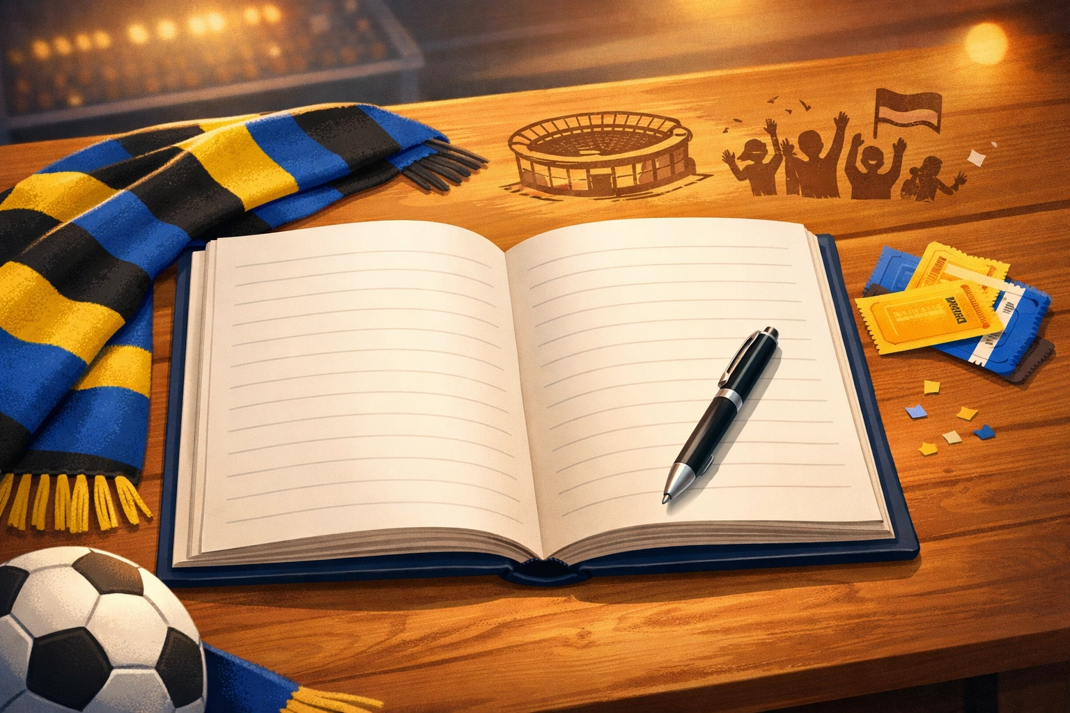 Offenes Gästebuch auf Holztisch mit Fanschal, Stift und Tickets in warmer Fußball-Fankultur-Atmosphäre.