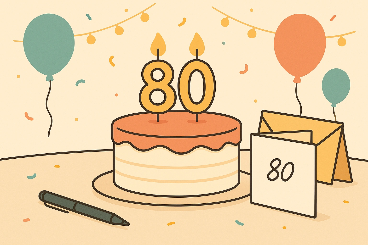 Illustration: 80er-Geburtstagskuchen mit Kerzen, Ballons, Konfetti und Einladungskarte.