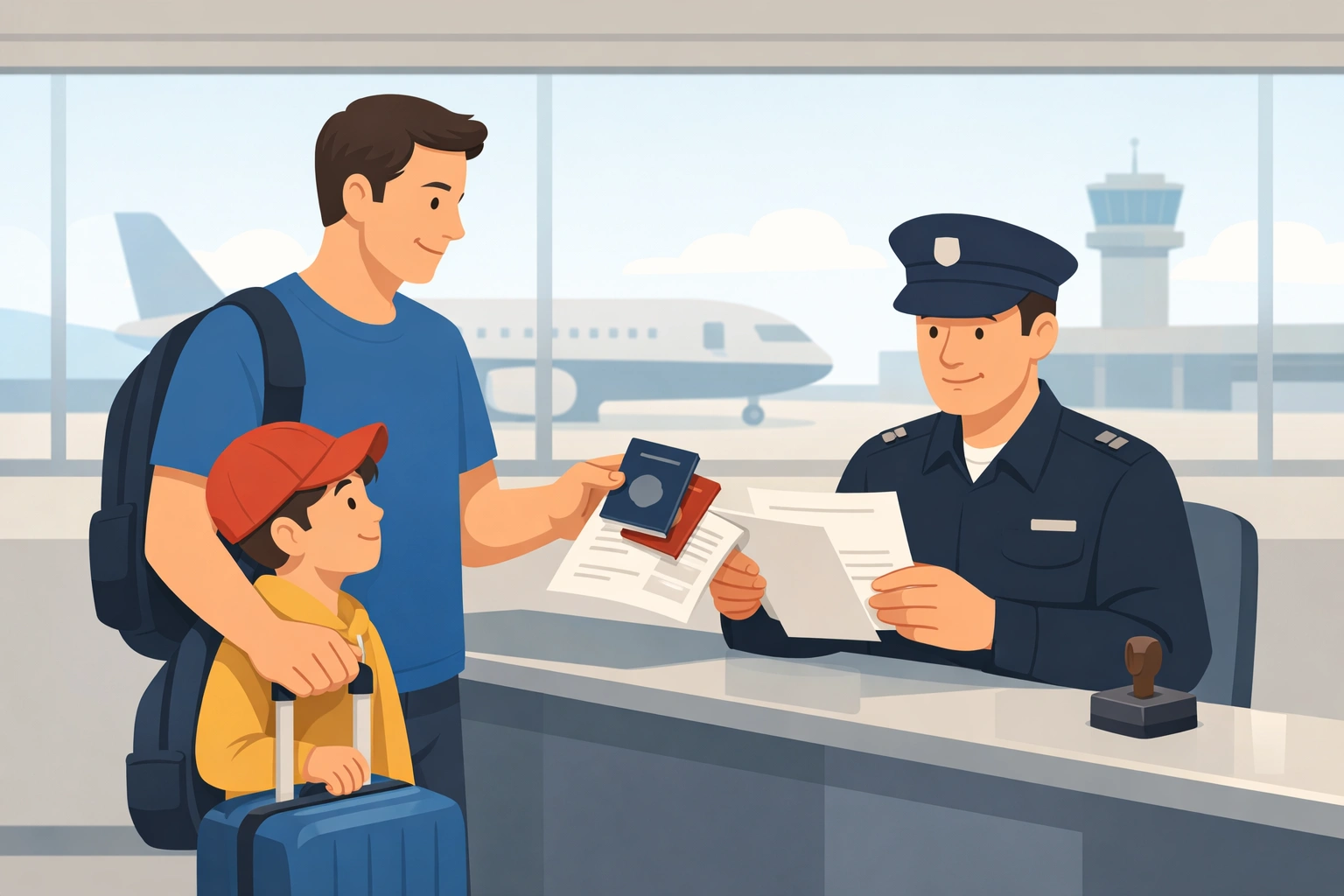 Vater reist mit seinem Kind am Flughafen, zeigt Pässe und Dokumente bei der Passkontrolle für eine Auslandsreise.