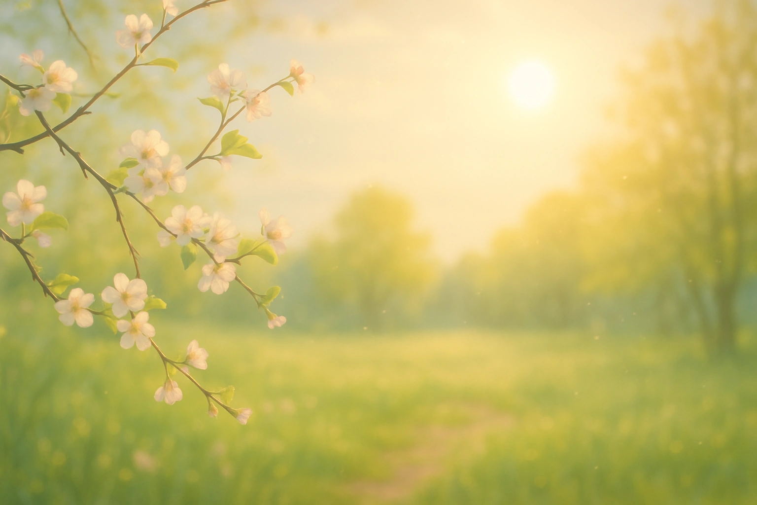 Blühende Frühlingszweige im warmen Sonnenlicht über einer weichen, grünen Wiesenlandschaft.
