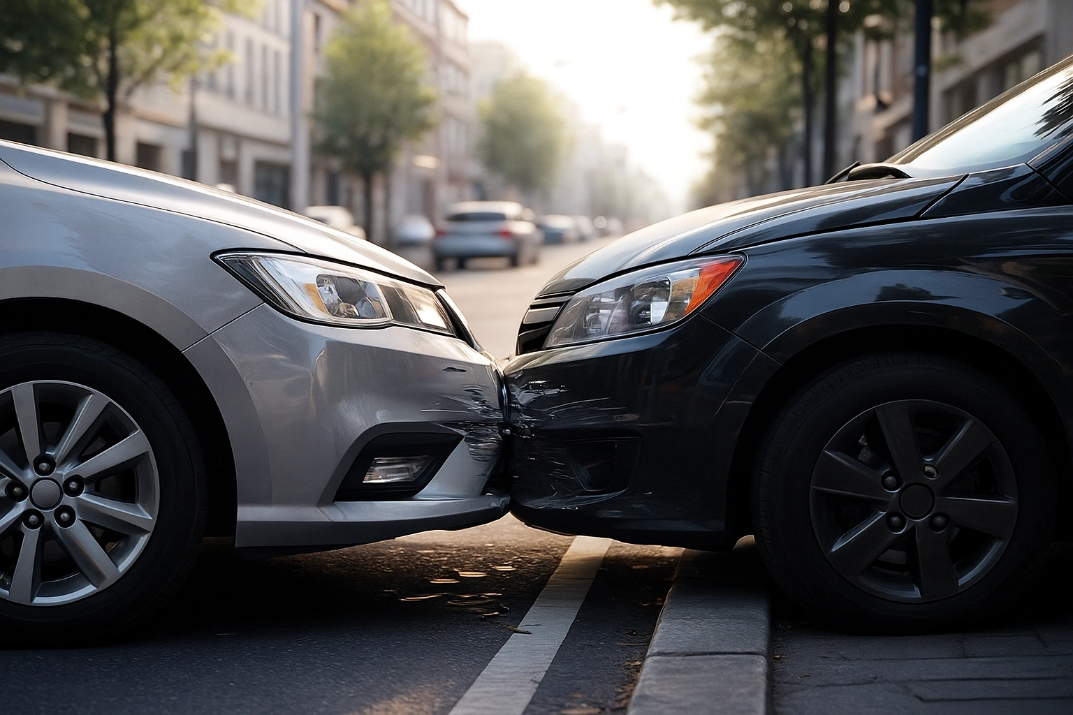 Zwei Autos stoßen leicht auf einer städtischen Straße zusammen, mit sichtbaren kleinen Schäden an beiden Fahrzeugen.