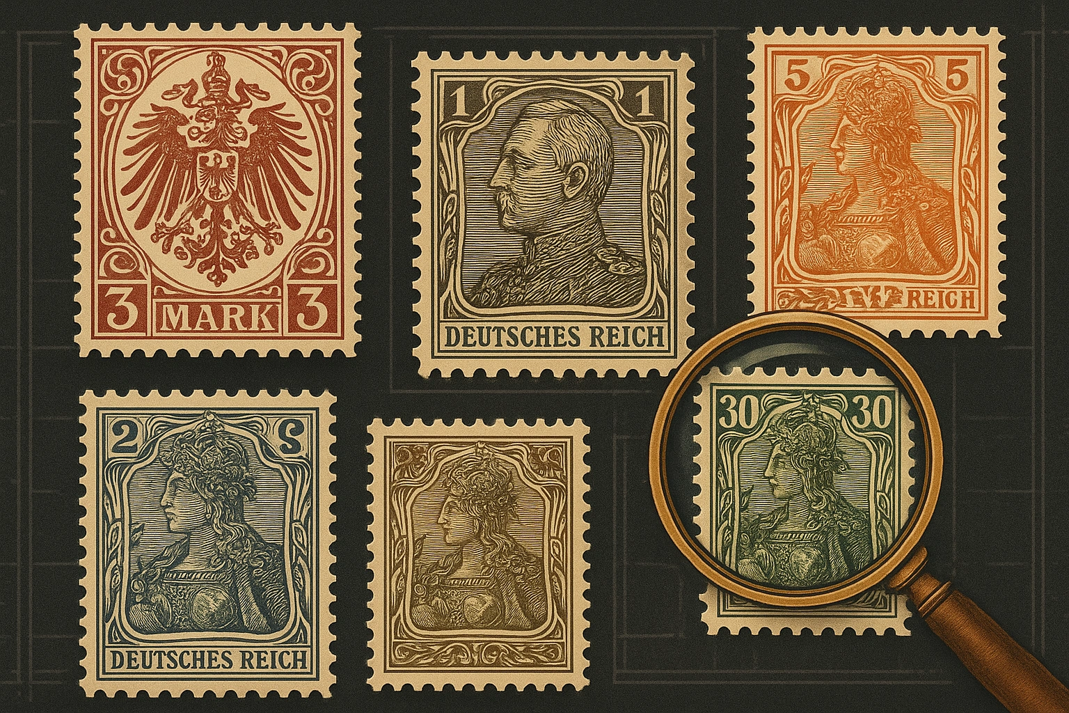Historische Briefmarken des Deutschen Reiches auf dunklem Hintergrund mit Lupe zur Wertbestimmung.