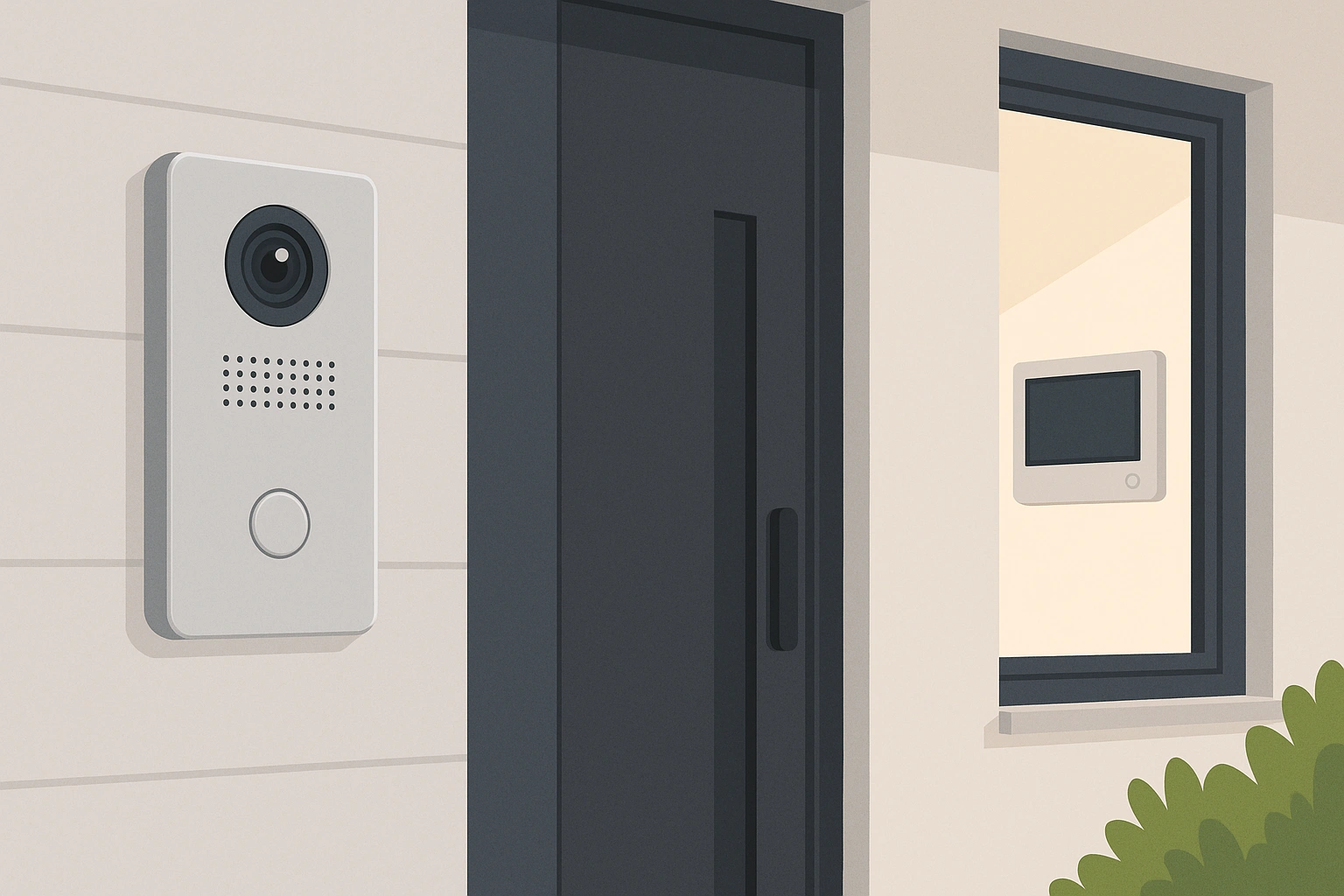 Moderne Haustür mit Video-Türsprechanlage, Kamera und Innenmonitor an einem modernen Einfamilienhaus.