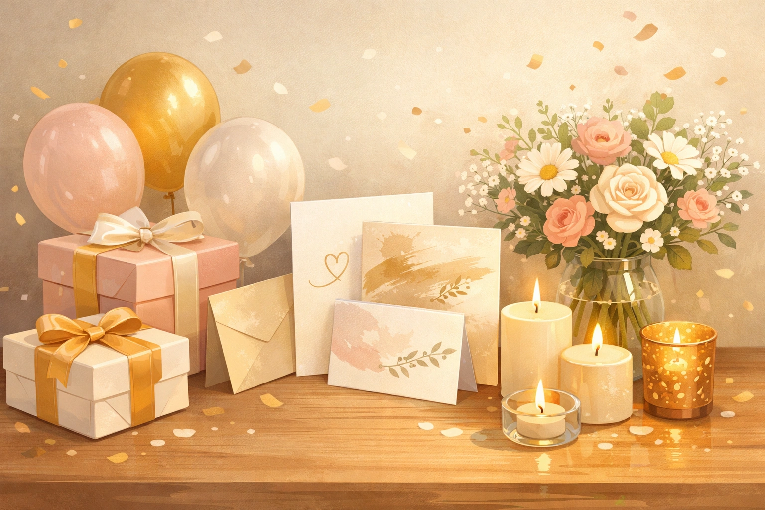 Warme Geburtstagsstillleben mit Geschenken, Karten, Kerzen, Blumen und Ballons auf einem Tisch.