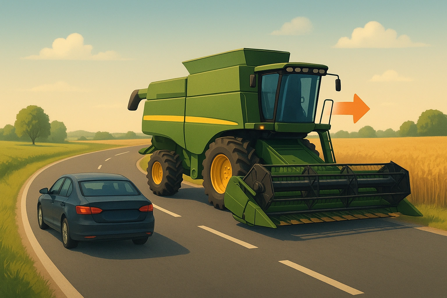 Großer Mähdrescher biegt auf Landstraße rechts ab, Auto folgt mit Abstand durch ländliche Szene.