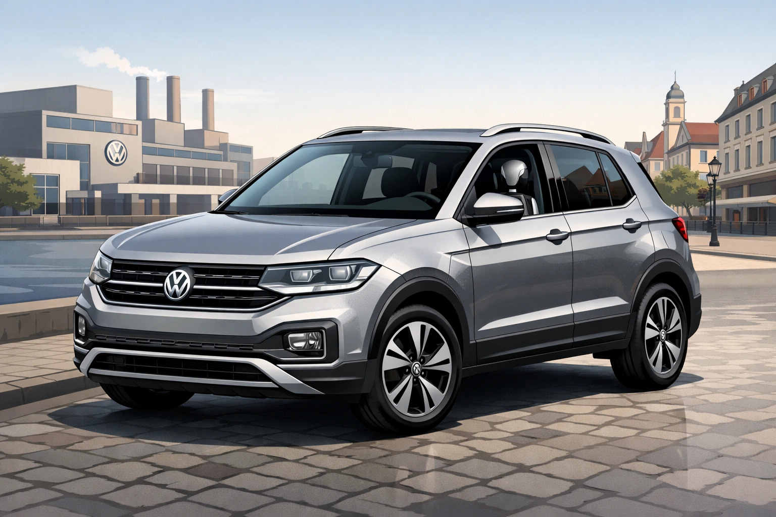 Illustration eines silbernen VW T-Cross als moderner Kompakt-SUV in europäischer urbaner Stadtumgebung.