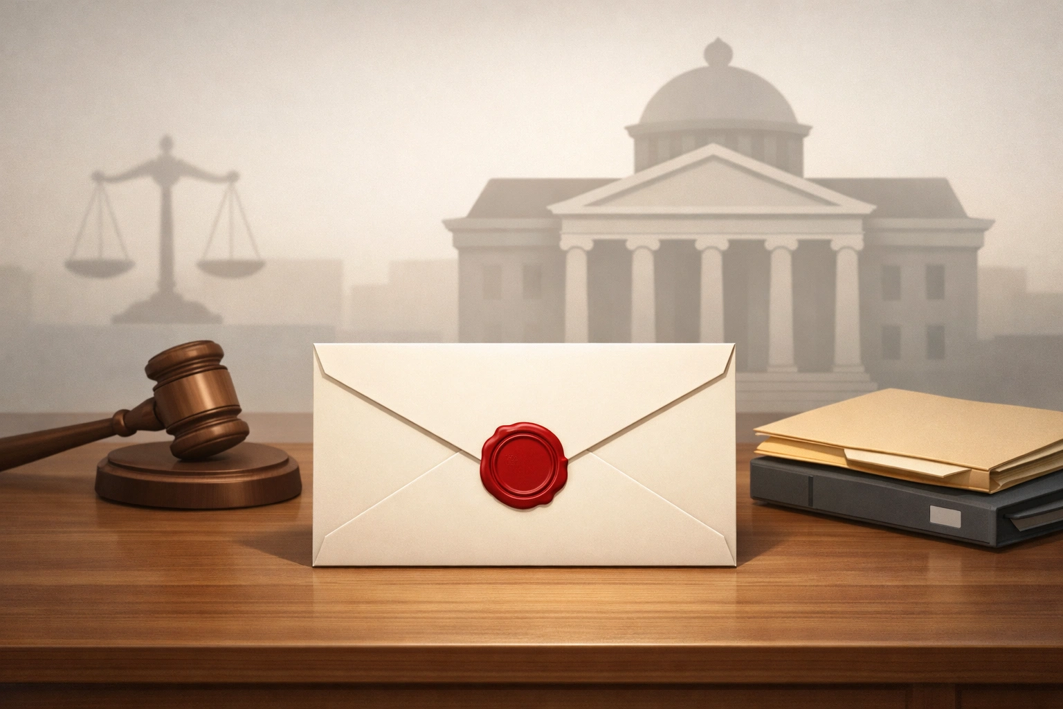 Versiegelter Brief auf Holzschreibtisch mit Richterhammer und Gerichtsgebäude als Symbol für Erbschaft