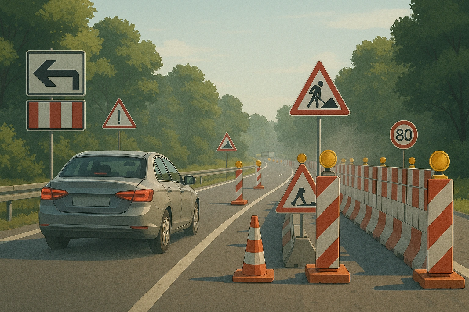 Auto nähert sich enger Spur in deutscher Baustelle mit Warnkegeln und Absperrungen.