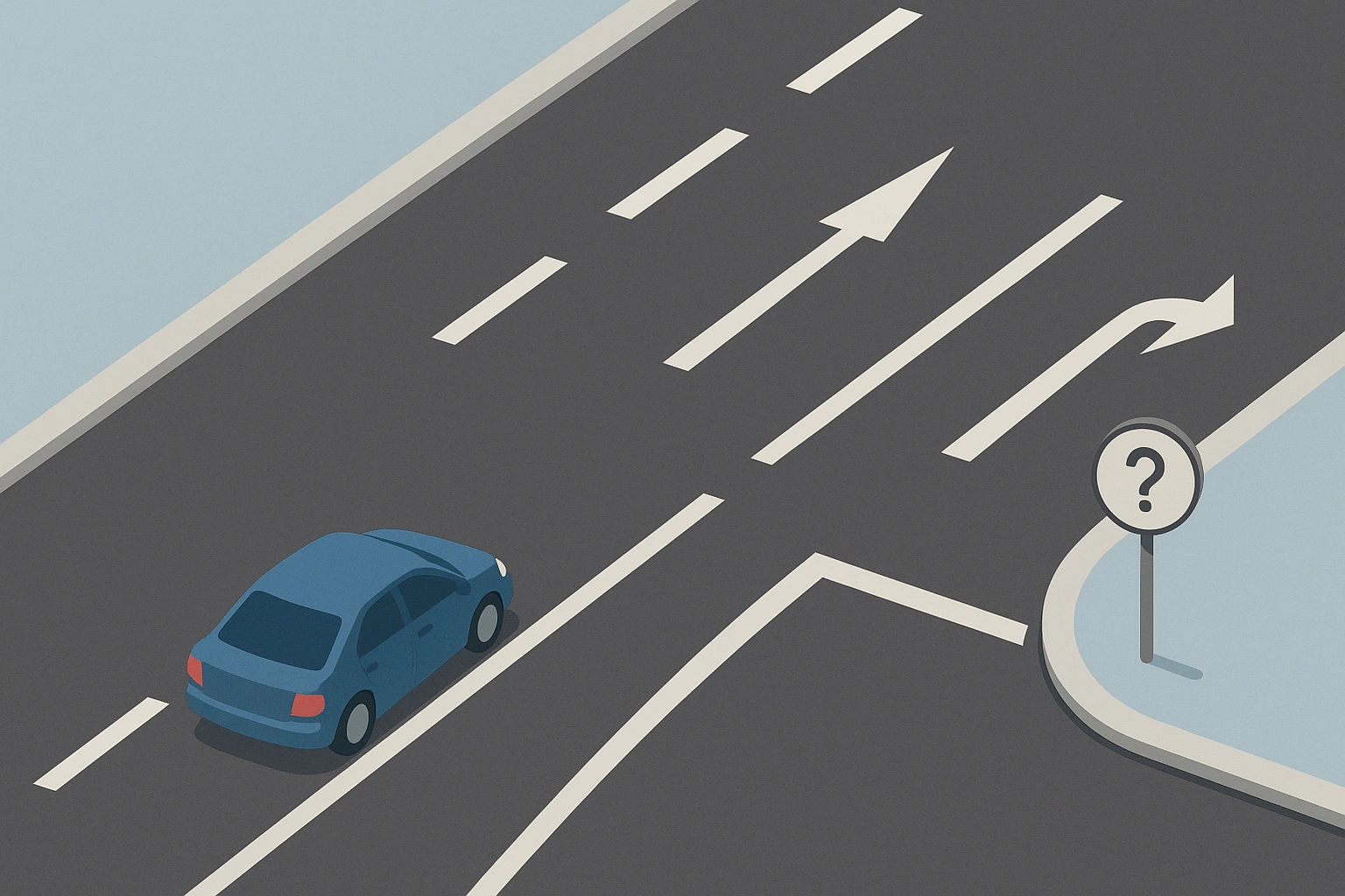Blaues Auto nähert sich Kreuzung; klare Fahrbahnmarkierungen und ein kleines Fragezeichen-Schild so.