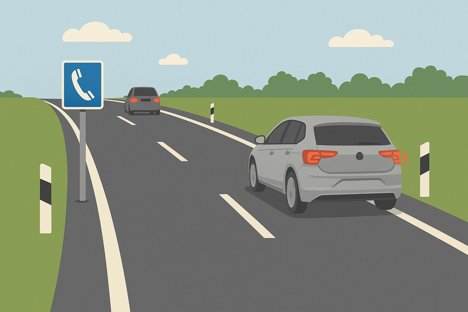 Auto steht mit Warnblinker auf dem Seitenstreifen, ein weiteres fährt weiter auf der Straße.