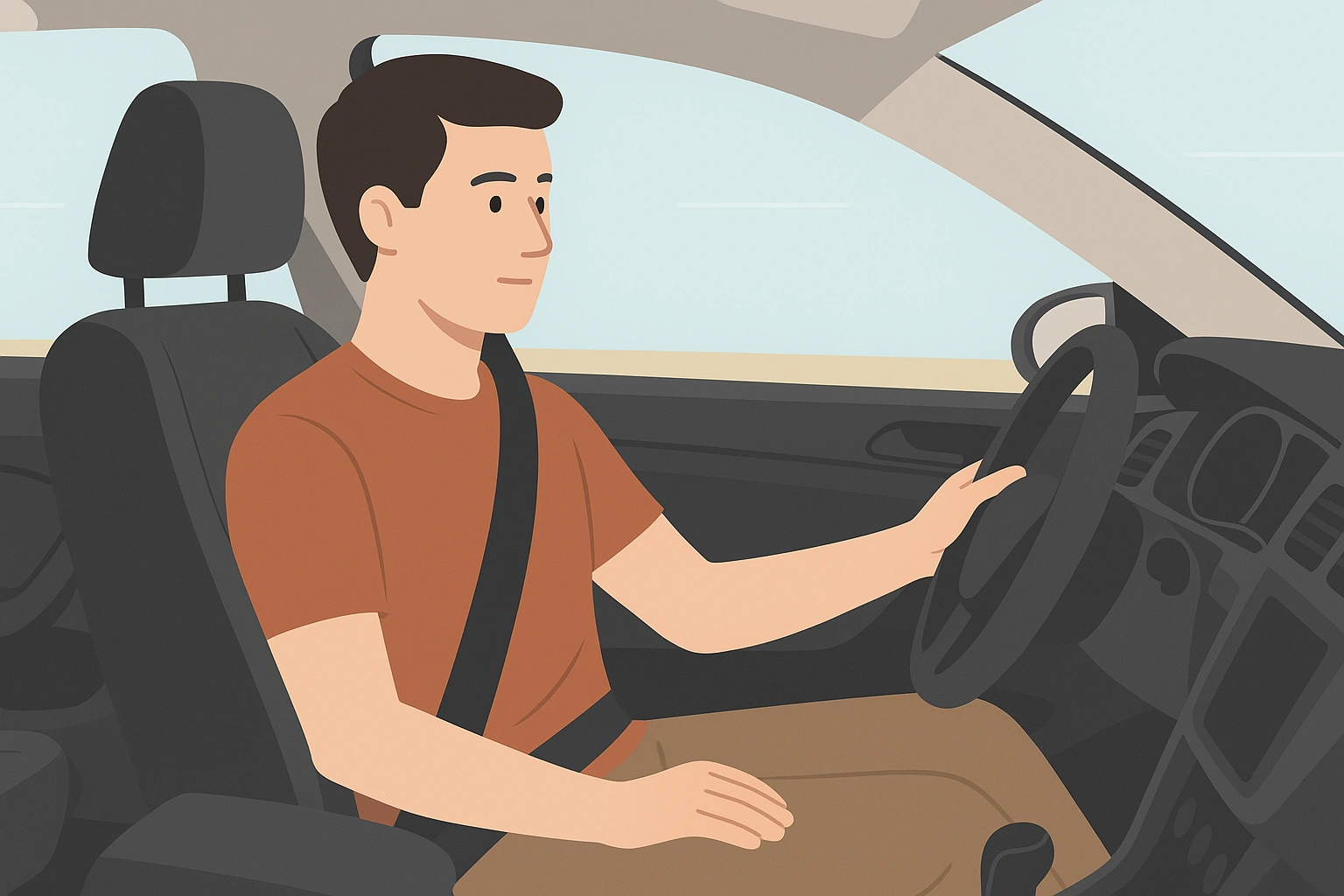 Fahrer sitzt im Auto und trägt korrekt angelegten Sicherheitsgurt im modernen Fahrzeuginnenraum.