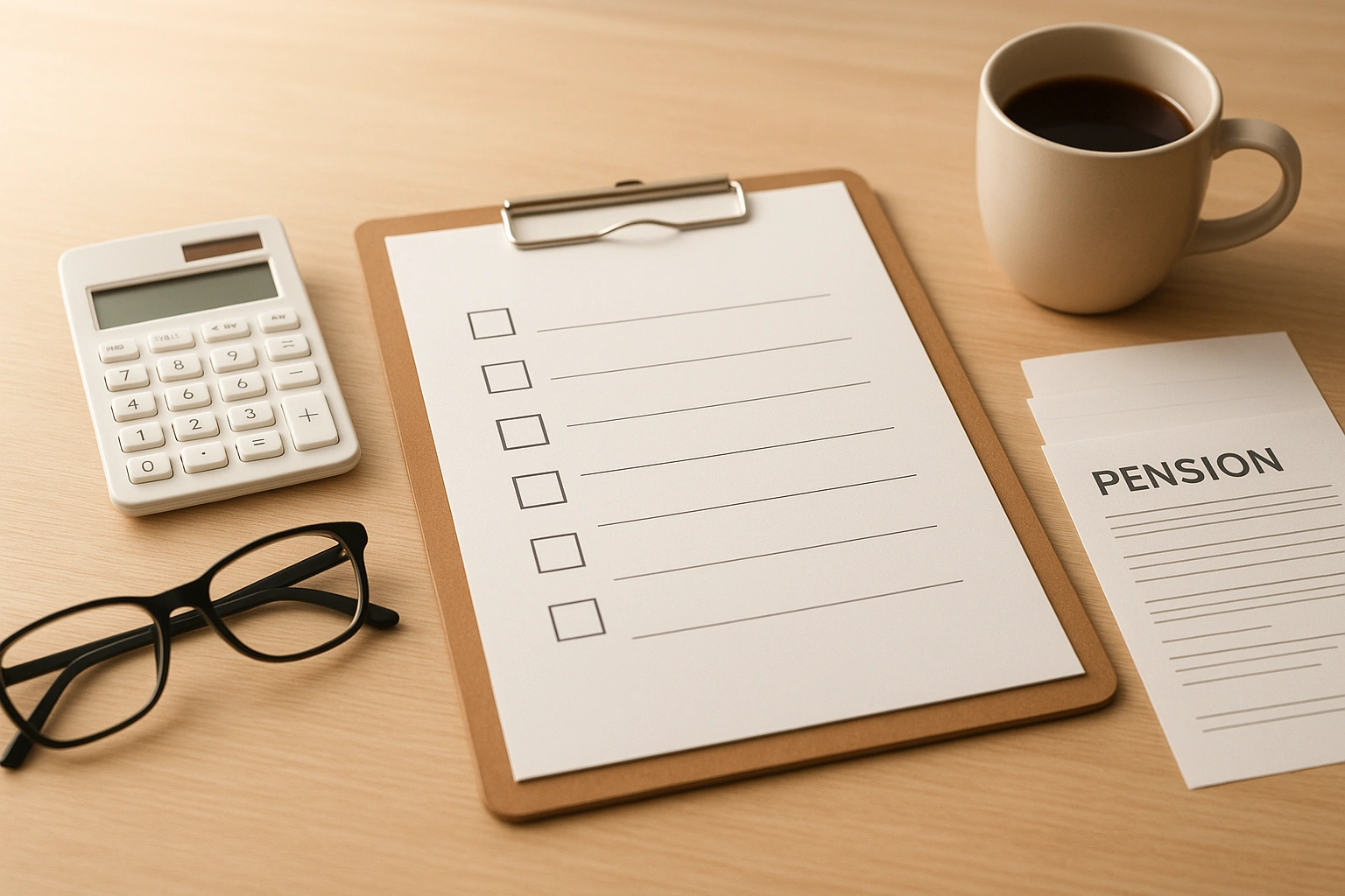 Ordentlicher Schreibtisch mit Checkliste, Taschenrechner, Brille, Rentendokumenten und Kaffeetasse.