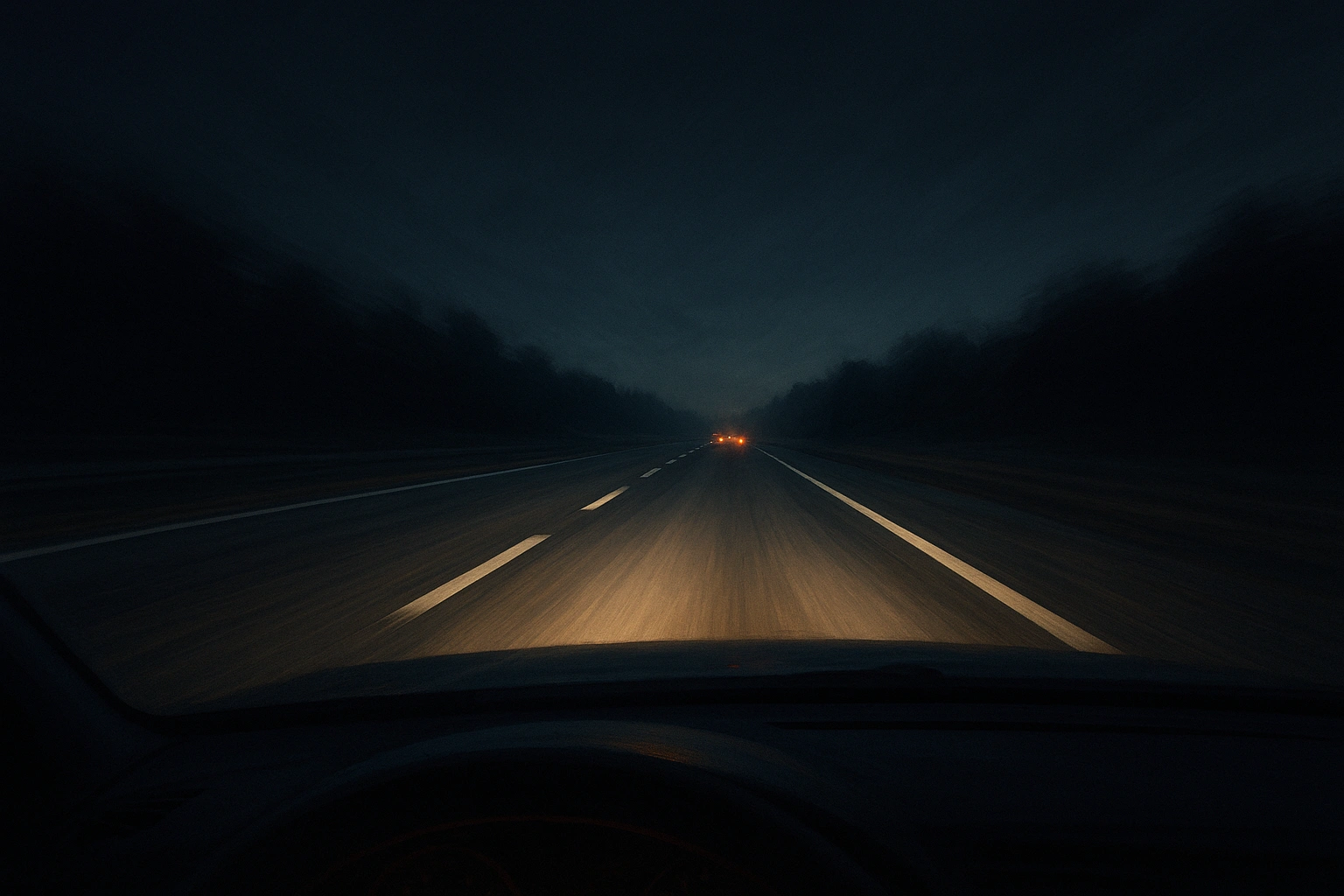 Nächtliche Fahrtperspektive mit verschwommenem Asphalt, Lichtspuren und entfernten roten Rücklichtern.