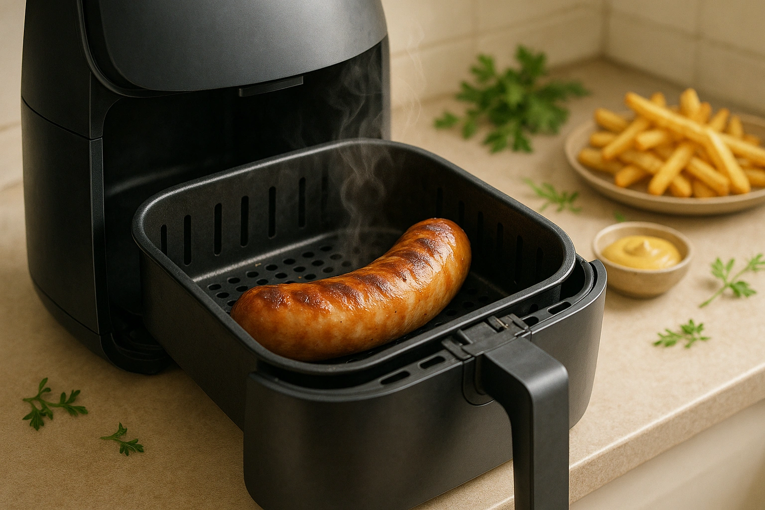 Goldbraune Bratwurst gart im offenen Airfryer-Korb auf heller Küchenarbeitsplatte.