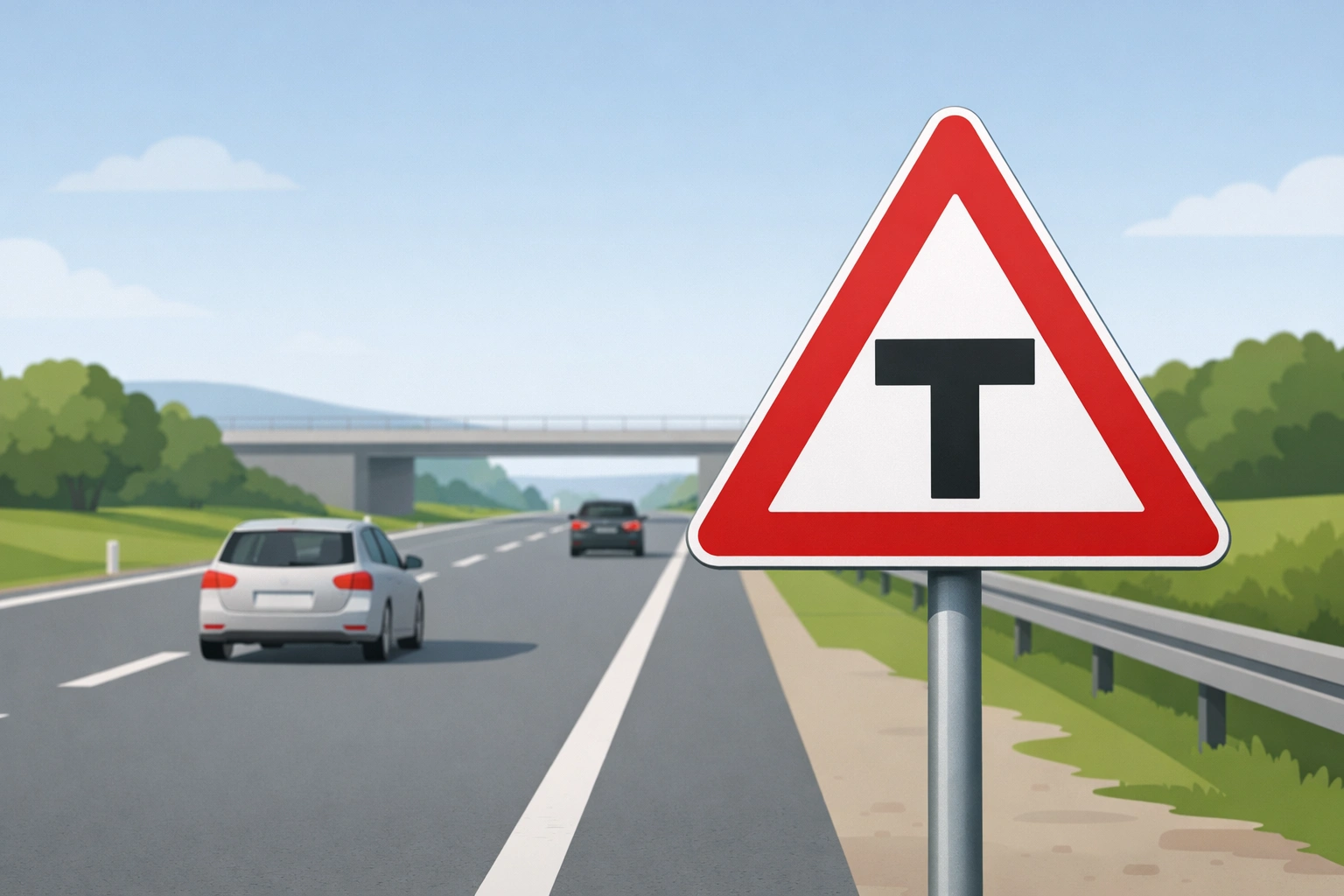 Deutsches Verkehrszeichen warnt an Landstraße vor T-Kreuzung, zwei Autos fahren ruhig heran auf freier Strecke