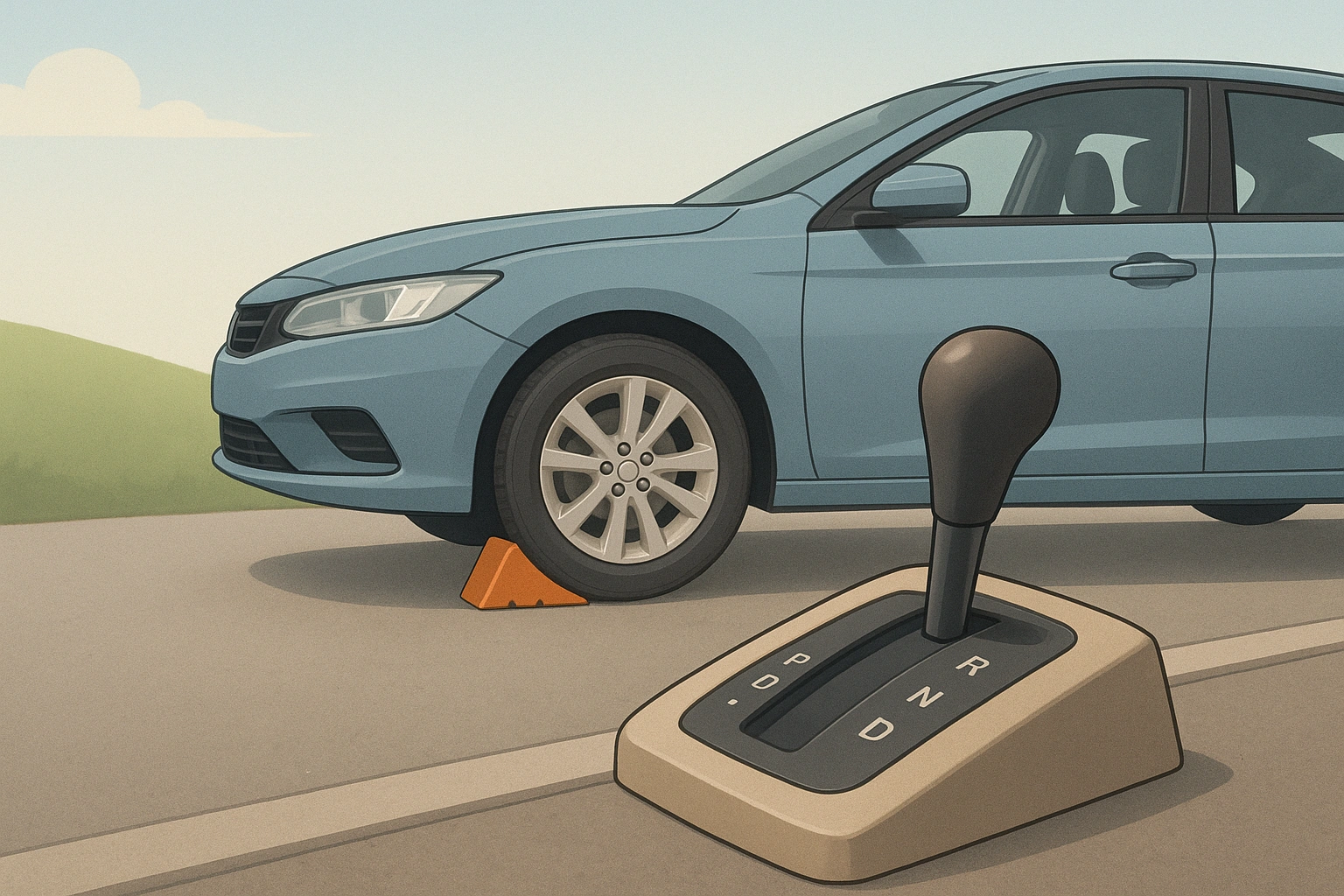 Auto auf Gefälle mit Radkeil und sichtbarem Automatikhebel in Parkstellung zur Sicherheit fest