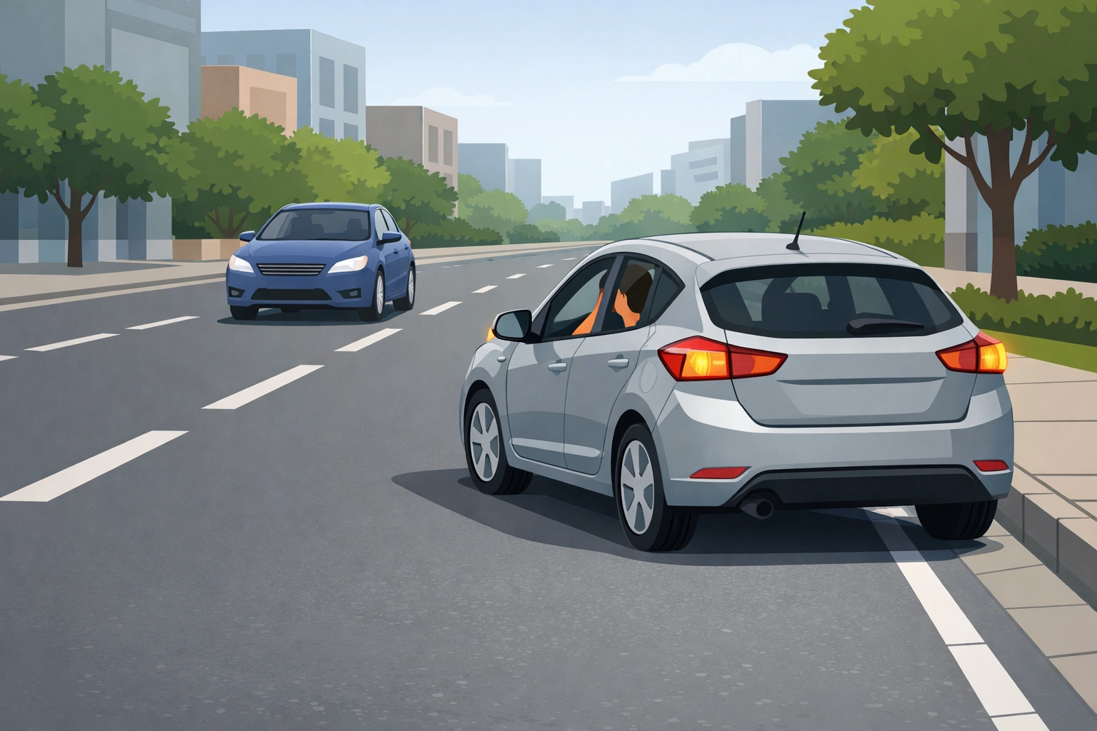 Auto fährt vom Fahrbahnrand in den Verkehr ein, Blinker gesetzt, anderes Fahrzeug nähert sich sicher.