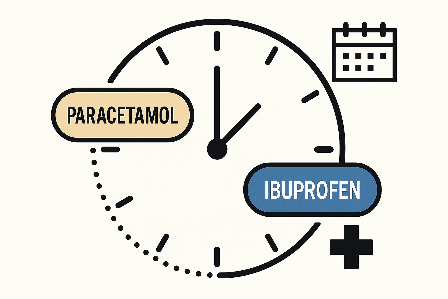 Schlichte Uhr mit Paracetamol- und Ibuprofen-Pille, Zeitabstand als Punktlinie, Kalender, Kreuz.