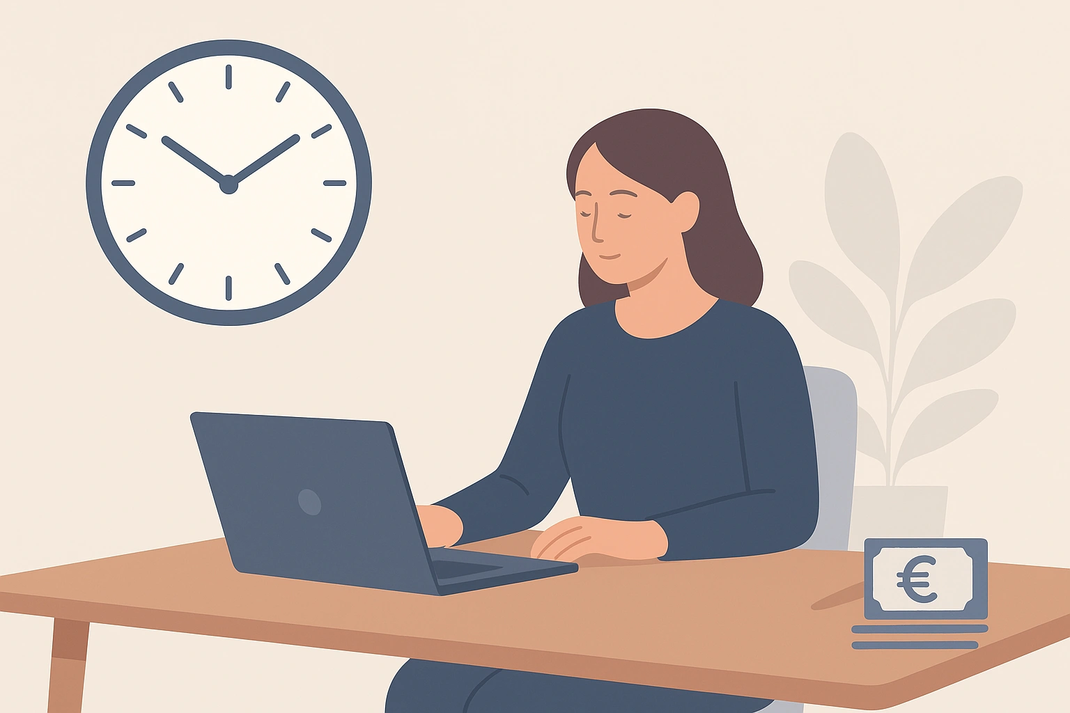 Illustration einer Frau am Schreibtisch mit Laptop, großer Uhr an der Wand und dezentem Euro-Symbol.