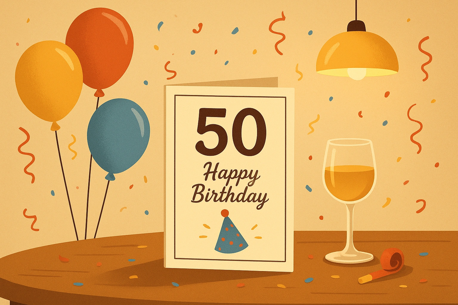 Illustration mit Luftballons, Konfetti und einer Einladungskarte zum 50. Geburtstag auf einem Tisch.