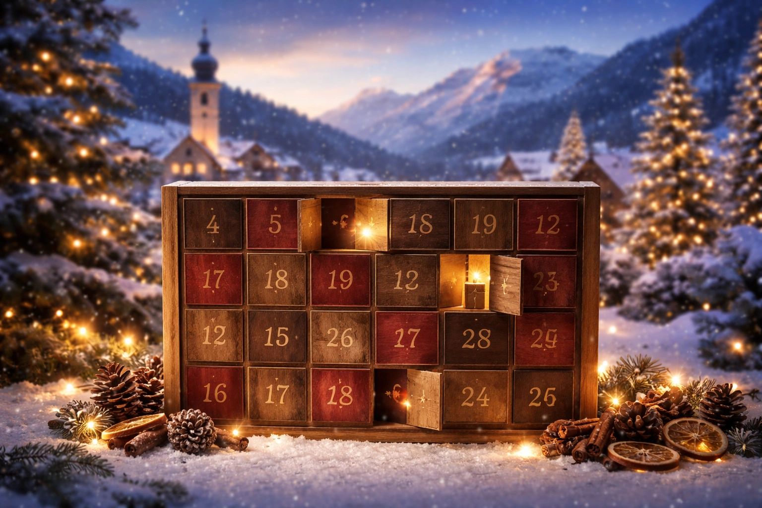 Stimmungsvoller Adventskalender mit leuchtenden Türchen vor verschneitem süddeutschem Dorf in winterlicher Abenddämmerung