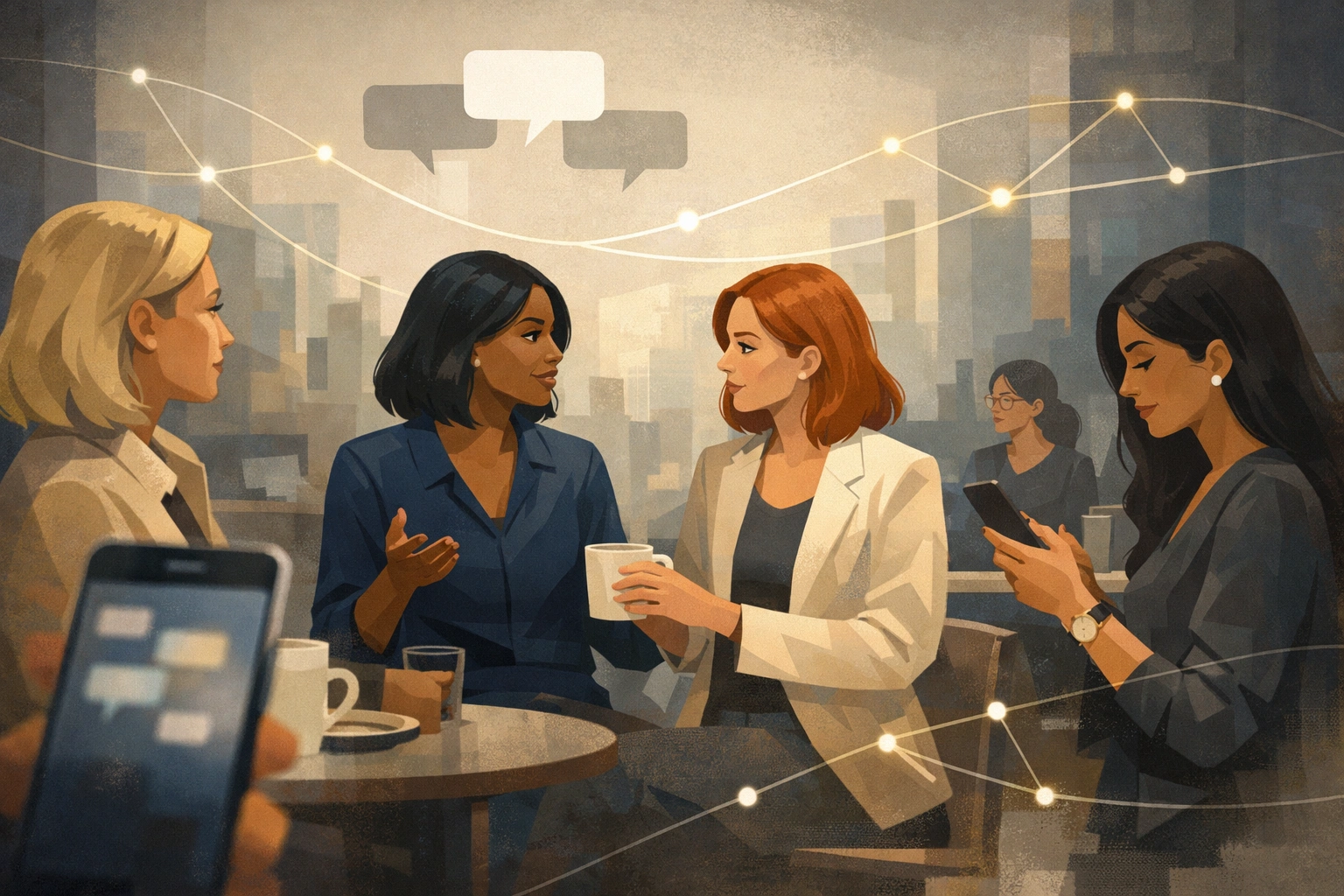 Diverse, selbstbewusste Frauen in modernem Café, diskutieren über Community und digitale Vernetzung.