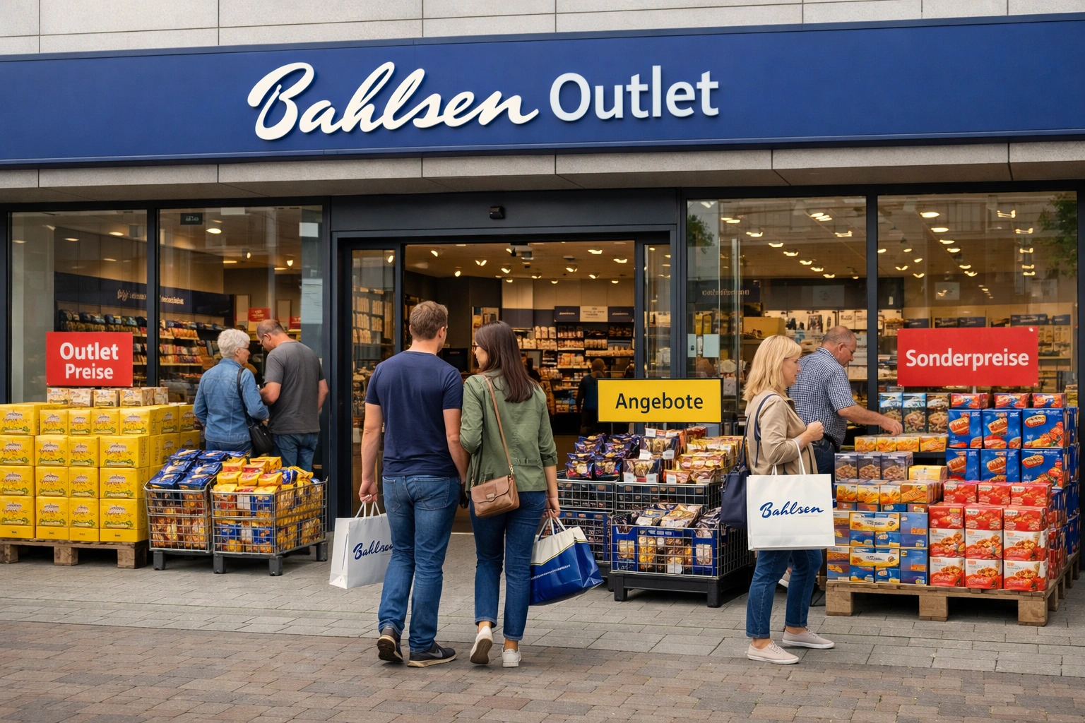 Außenansicht des Bahlsen Outlets in Essen mit Angeboten, Keksdisplays und Kunden beim Einkaufen.