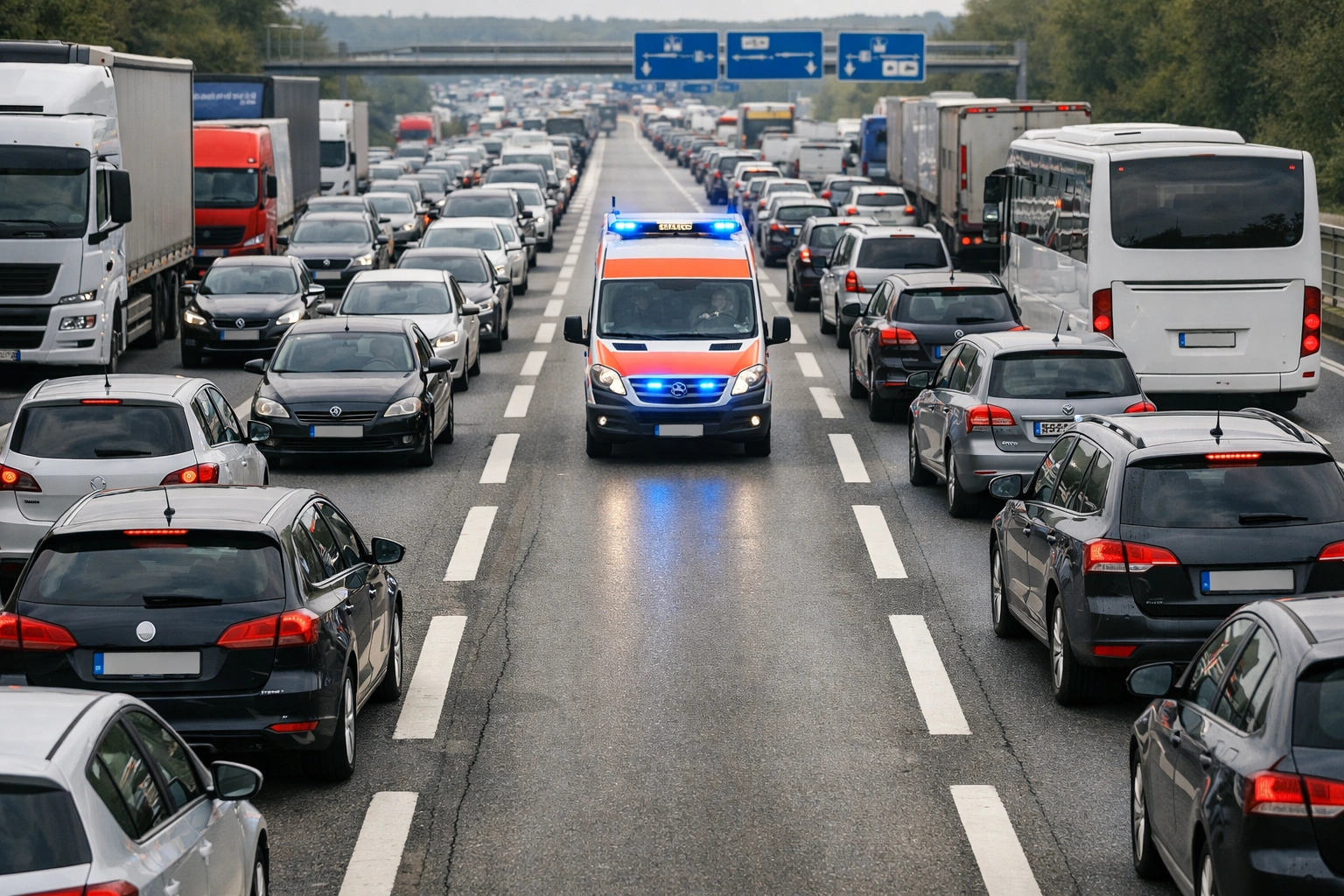 Stau auf deutscher Autobahn mit freigehaltener Rettungsgasse, durch die ein Krankenwagen fährt.