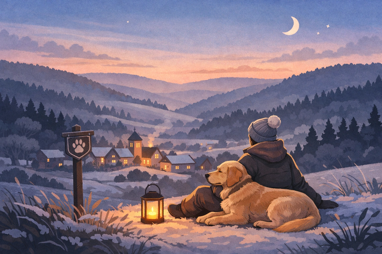 Ruhiger Winterabend in der Eifel: Mensch sitzt mit Hund über stillem Dorf ohne Feuerwerk.