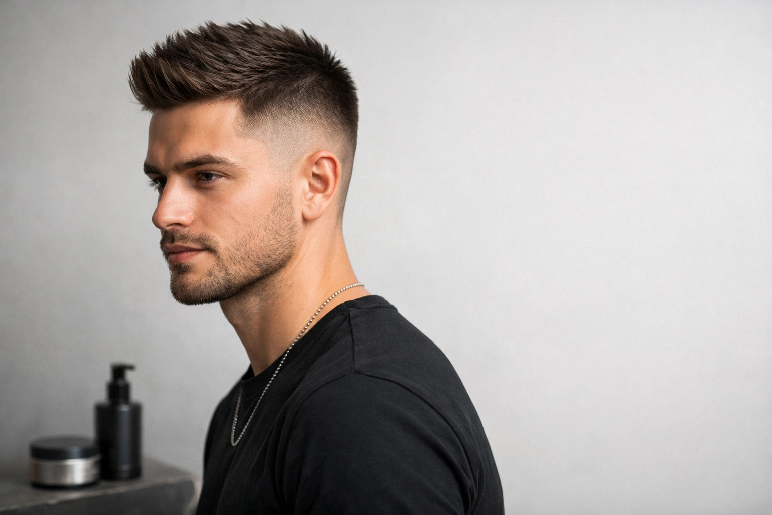 Junger Mann mit Boxerschnitt-Frisur, sauberer Fade, stylisch und selbstbewusst im Studio fotografiert.