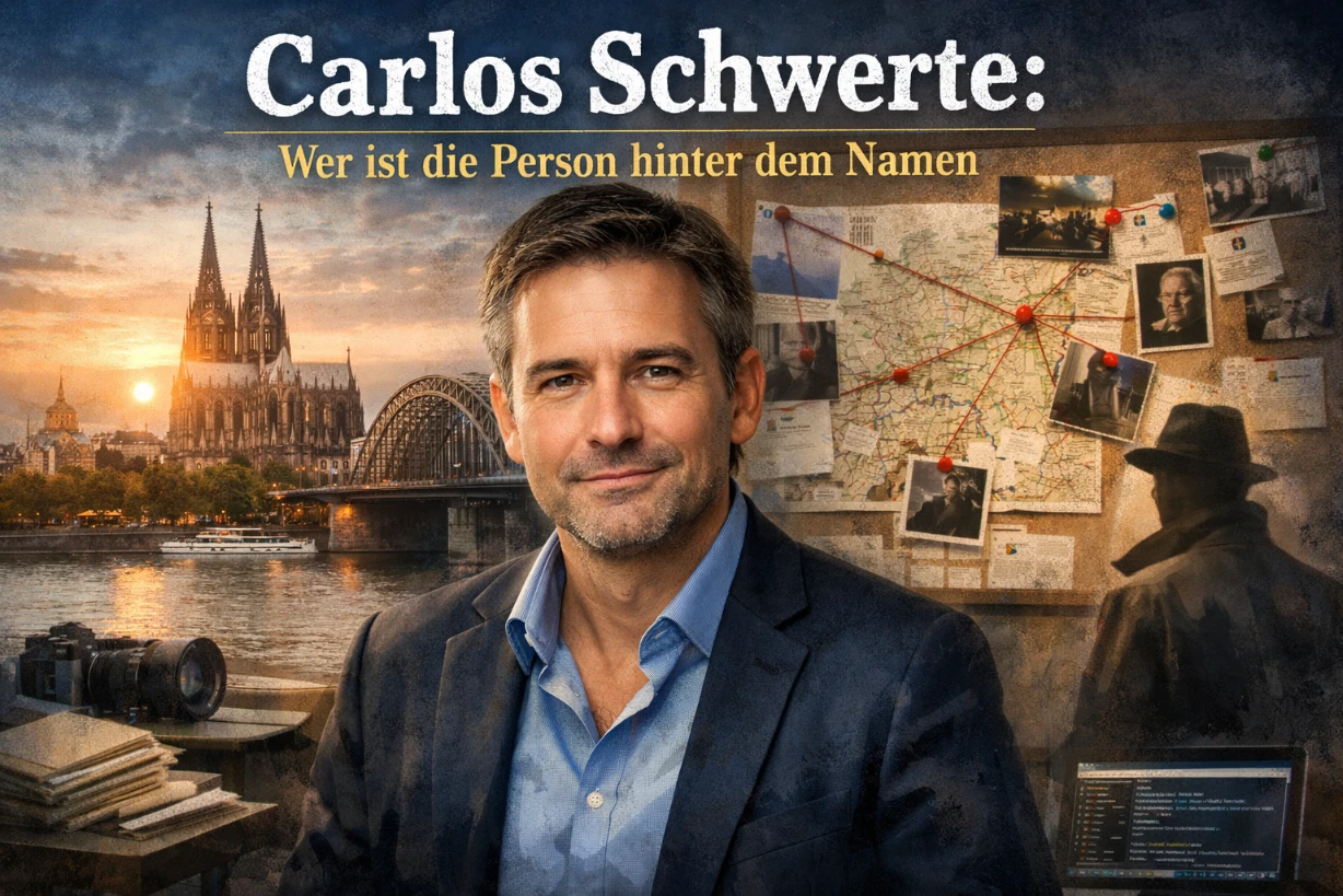 Porträt eines Mannes vor Kölner Dom, Ermittlungswand und Schattenfigur als Symbol für Identitätssuche.